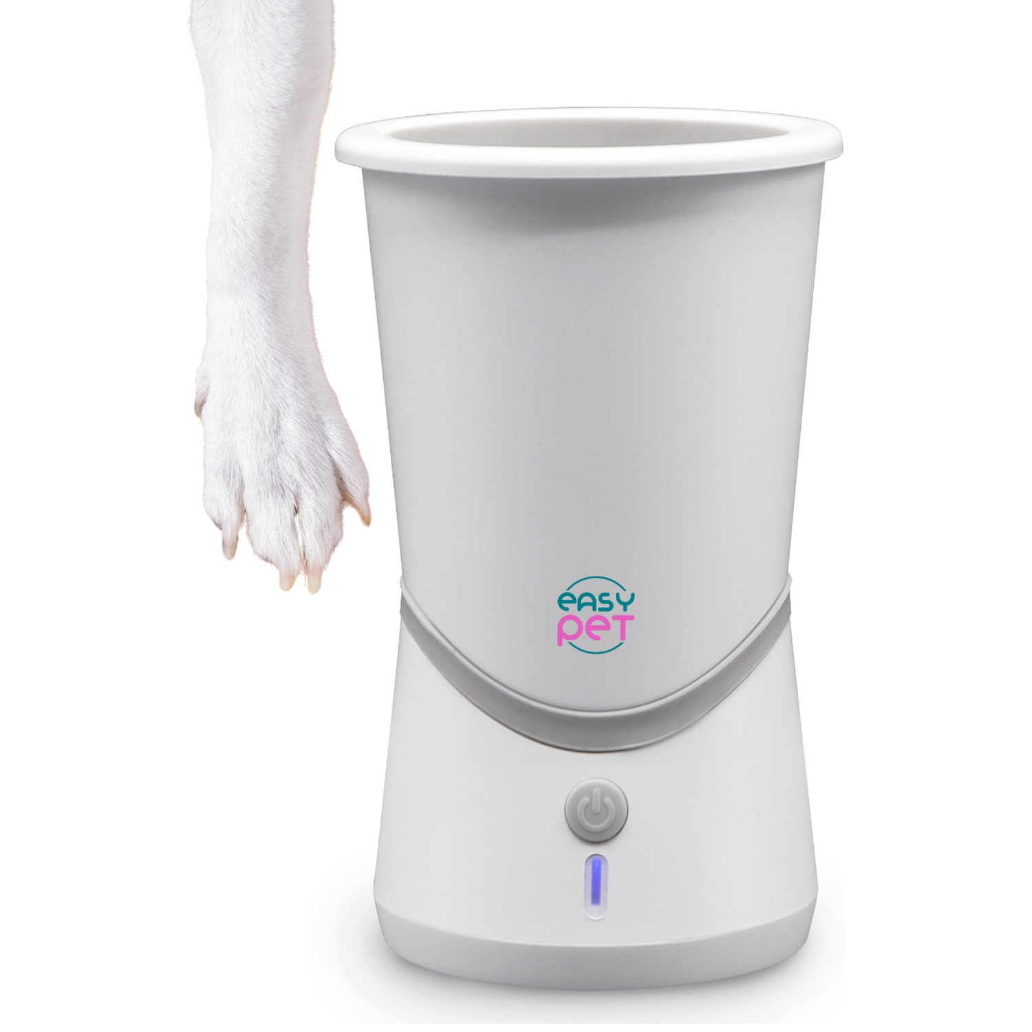 A white dog paw reaches toward a white pet dryer. The dryer has a power button and the Easy Pet logo.