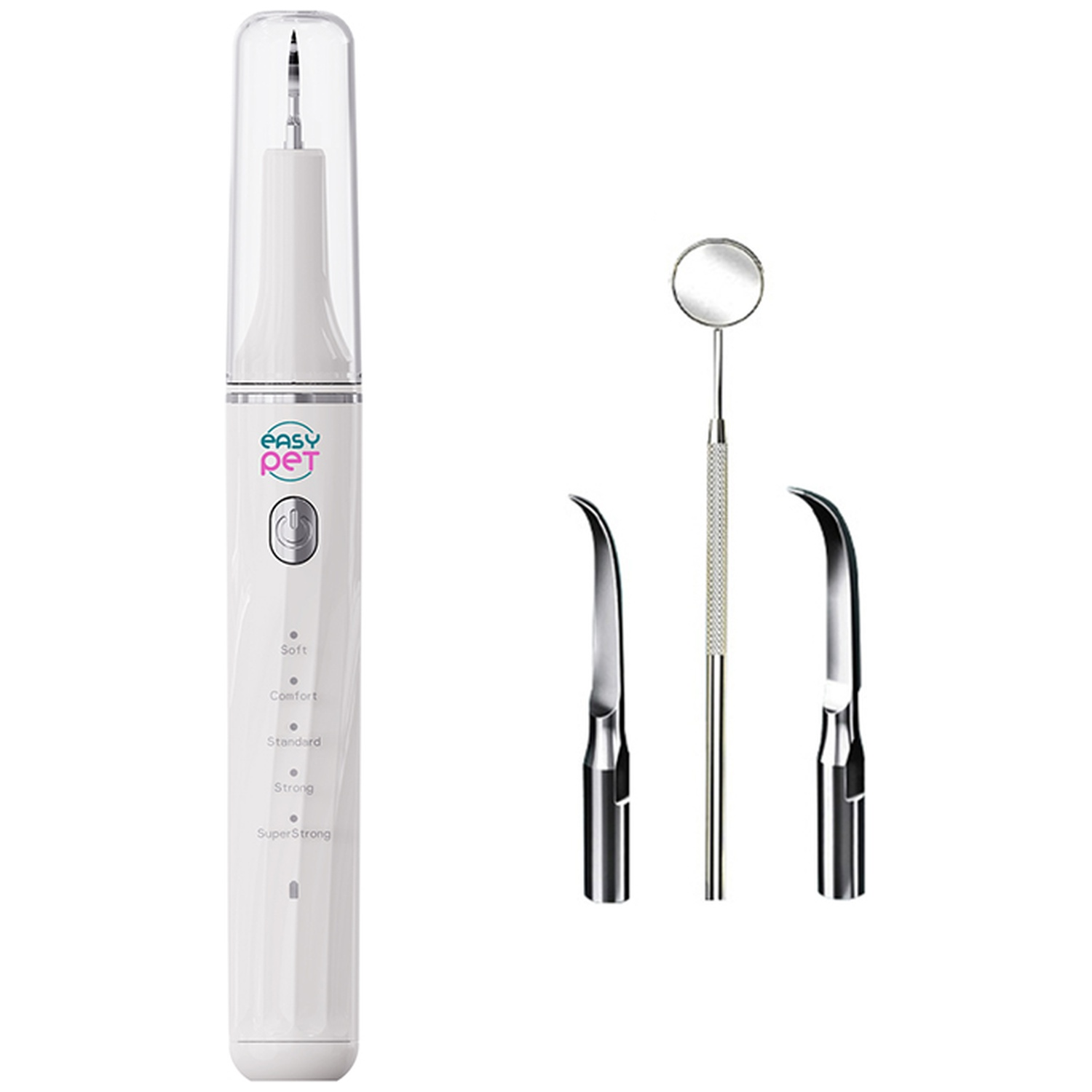 A white pet dental cleaning kit, including a scaler, two picks, and a small mirror, all on a white background.