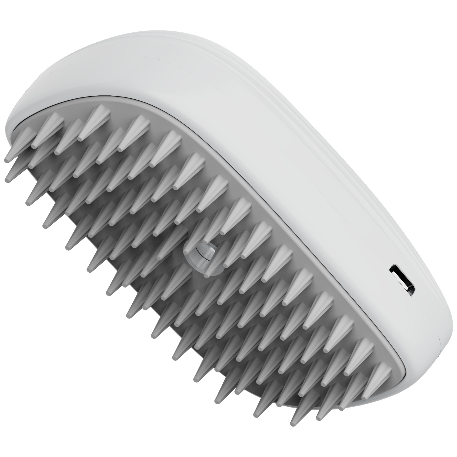 A white and grey scalp massager. It has many grey bristles on the bottom and a white, rounded top. It has a charging port.