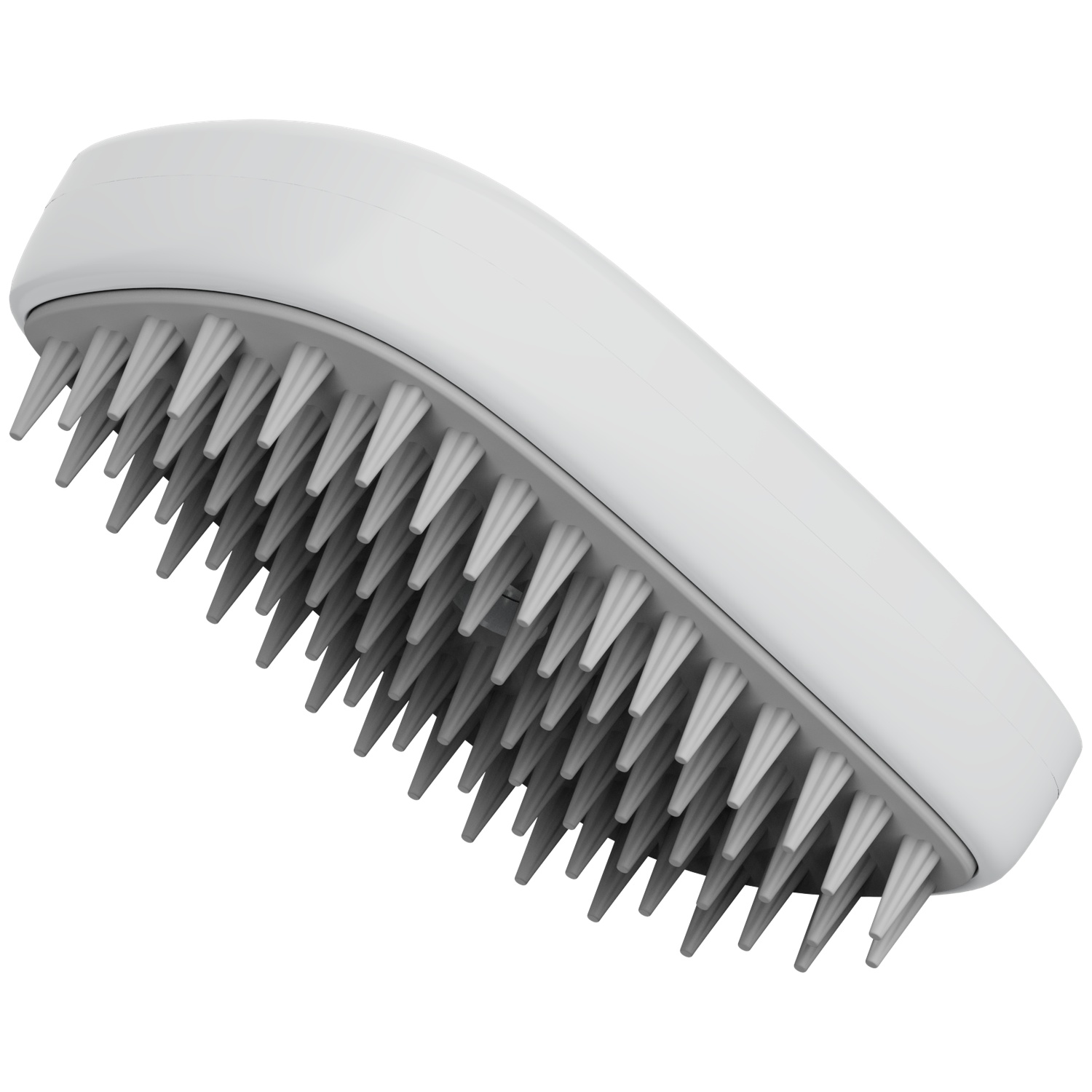A white and gray massage brush. The brush has many conical teeth, with a white body and gray bristles.