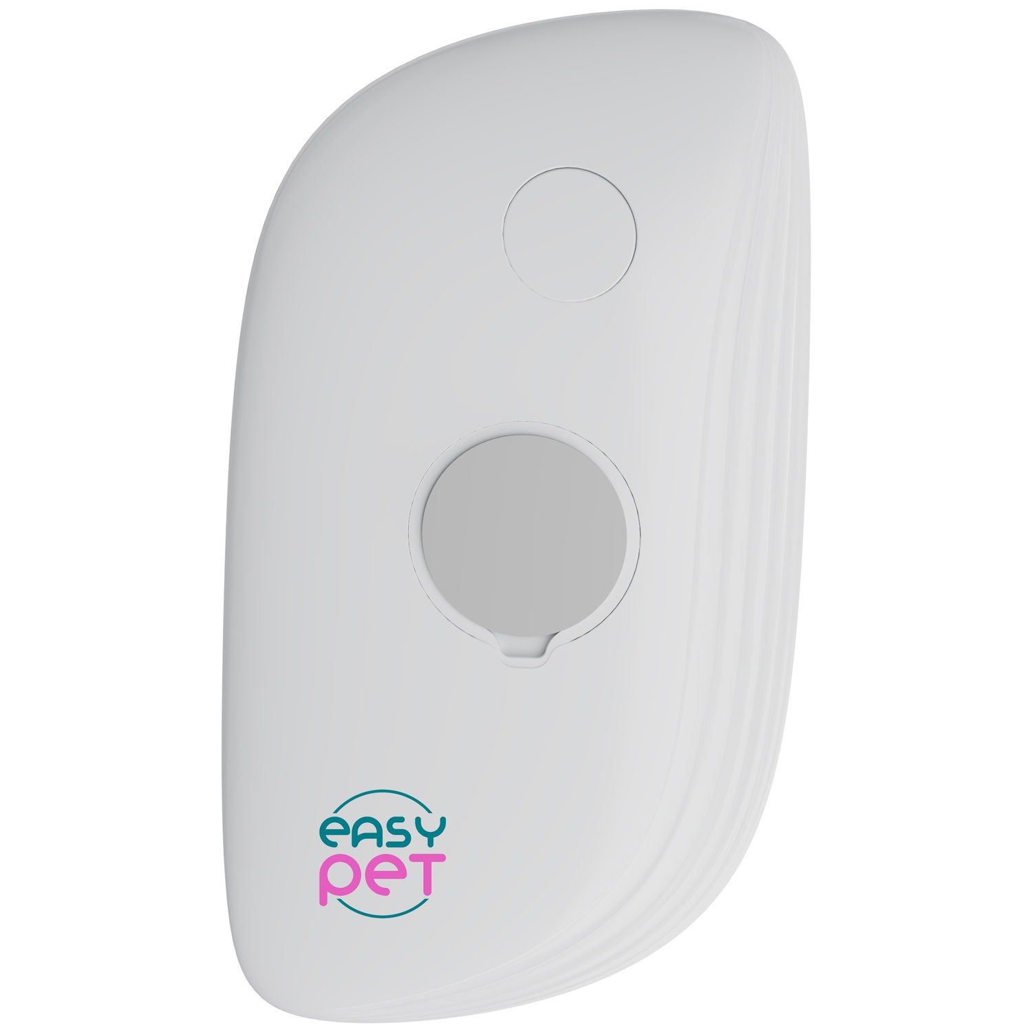 A white, curved pet product with two circular openings. The bottom opening is larger. The text "easy pet" is on the bottom, in pink and teal.