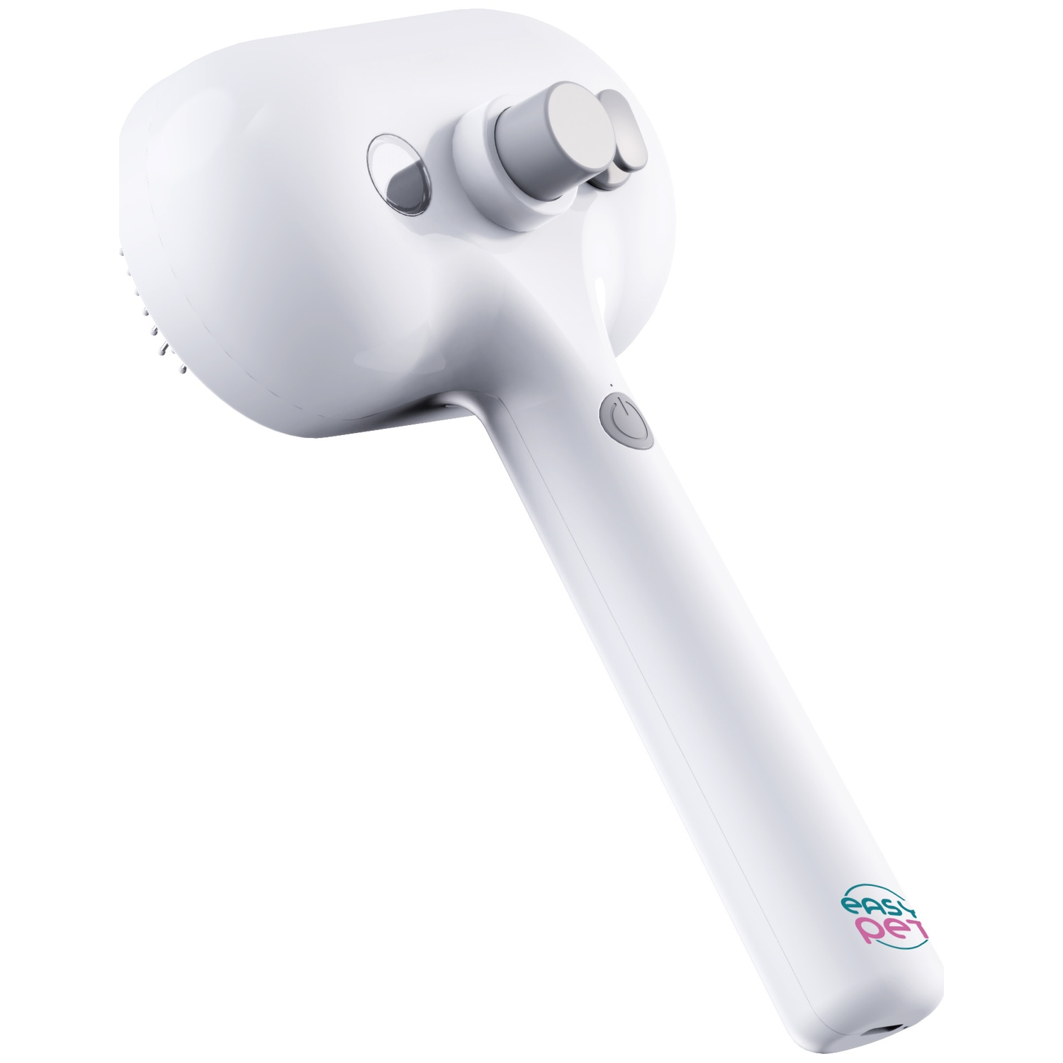 A white pet grooming tool with a handle. It has a rounded head with bristles and several buttons, with the 'easy pet' logo.