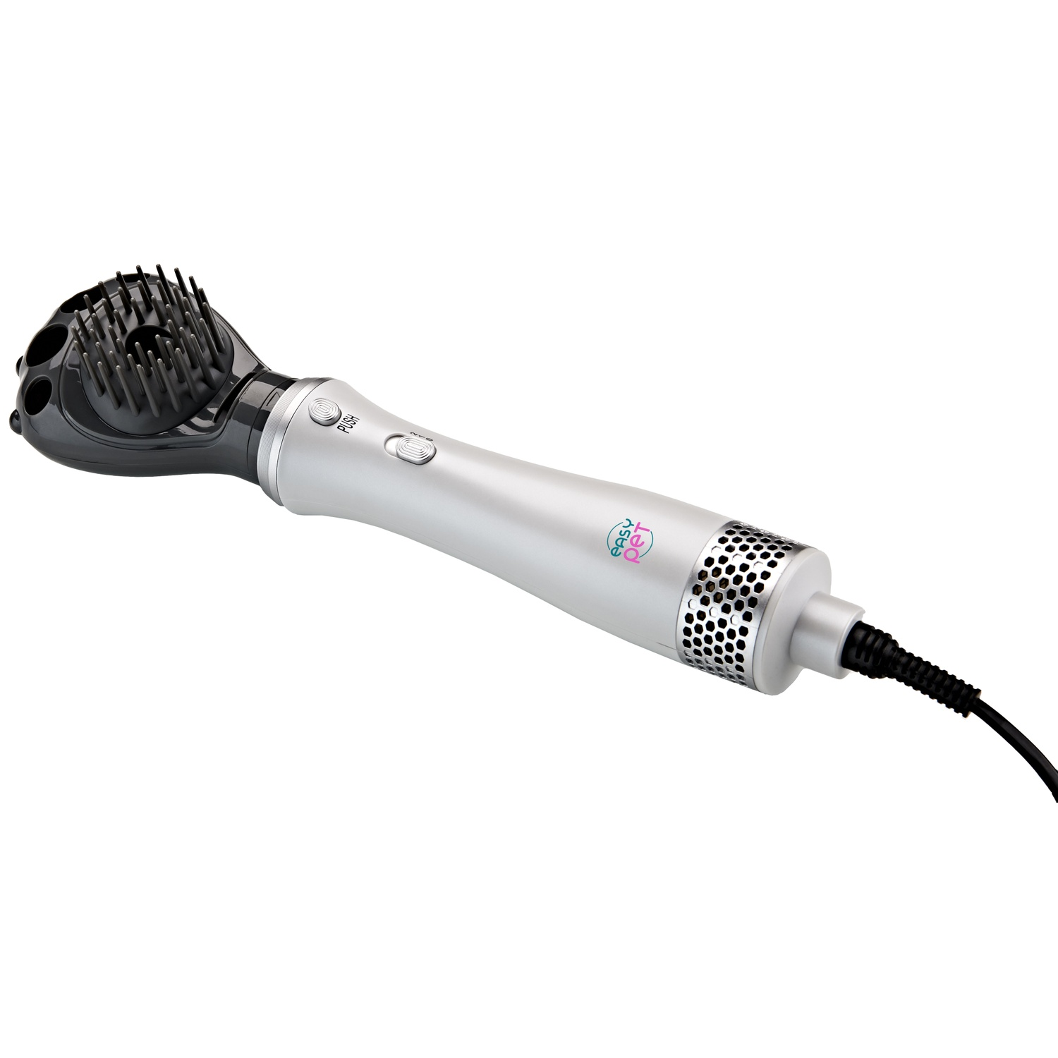 A silver and black hair styling tool. It has a brush head, buttons, and a power cord. The brand name is 'Easy Get'.