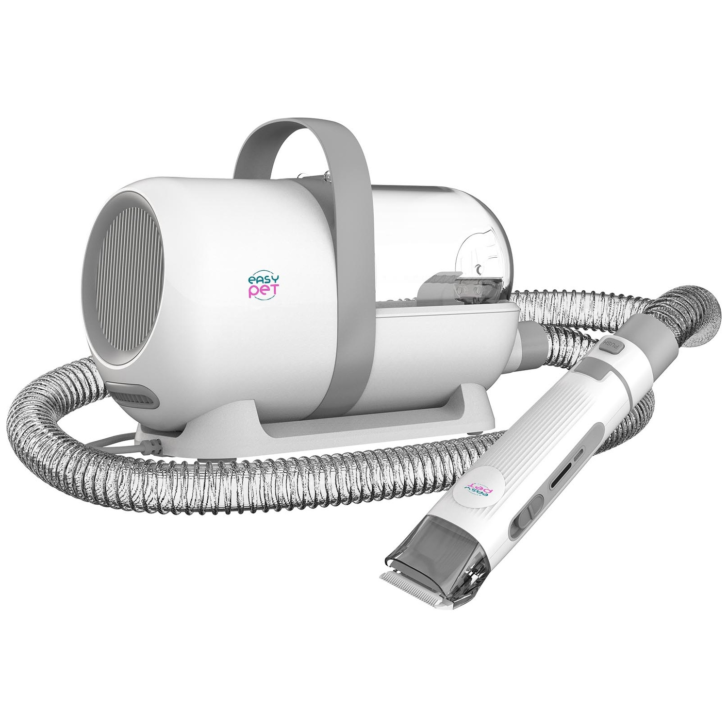 A white and gray pet dryer and trimmer. It has a cylindrical body with a handle, a transparent container, and a flexible hose. 