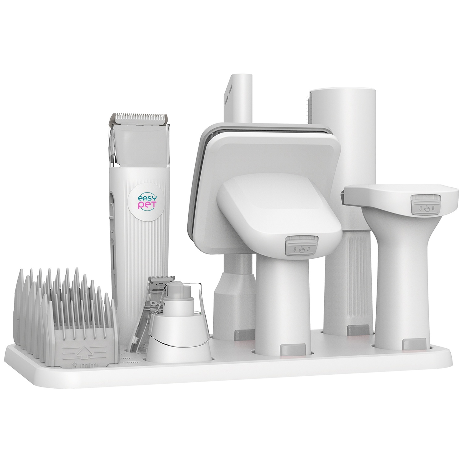 A white pet grooming kit with multiple tools and attachments. The kit includes clippers, combs, and various grooming accessories on a white base.
