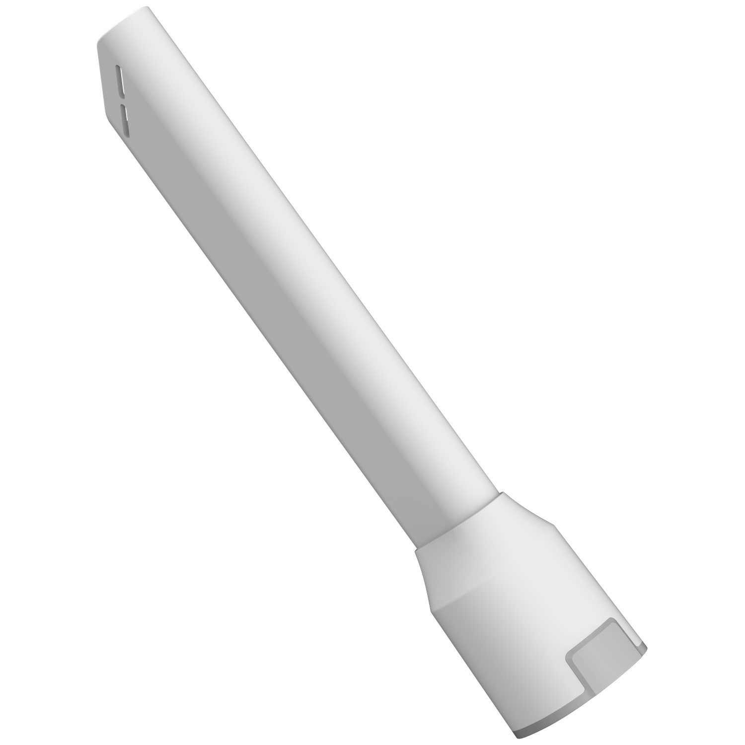 A white, angled object, possibly a vacuum cleaner attachment. It has a rectangular shape with a rounded end. Two slots are visible.