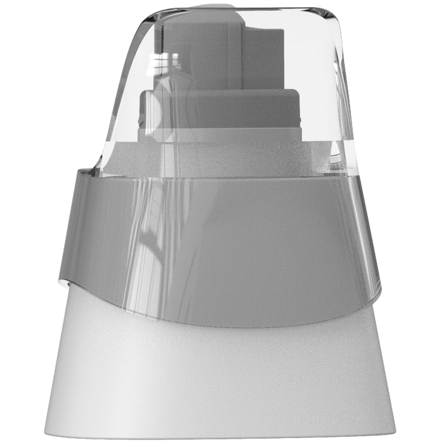 A close-up of a clear plastic and gray object, possibly a spray bottle cap. The design is layered and conical, with a transparent top.