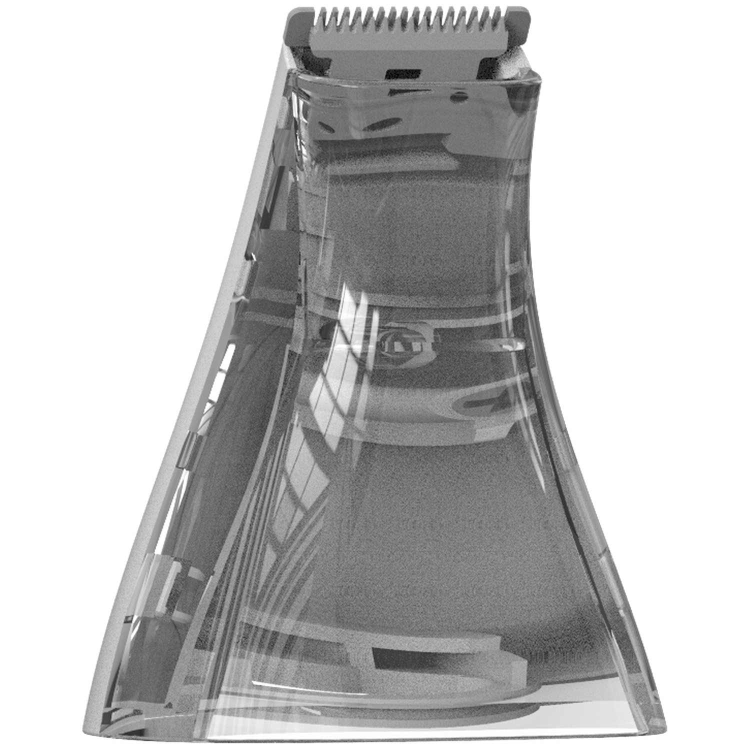 A grayscale image of a beard trimmer. The trimmer has a clear plastic body and a metal blade at the top. The design is modern.