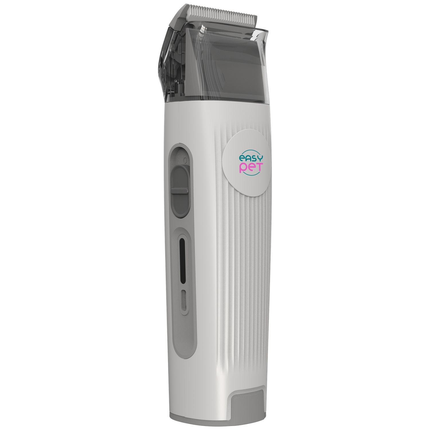 A white and gray pet grooming clipper. It has a transparent top, a power button, and the Easy Pet logo on the side.