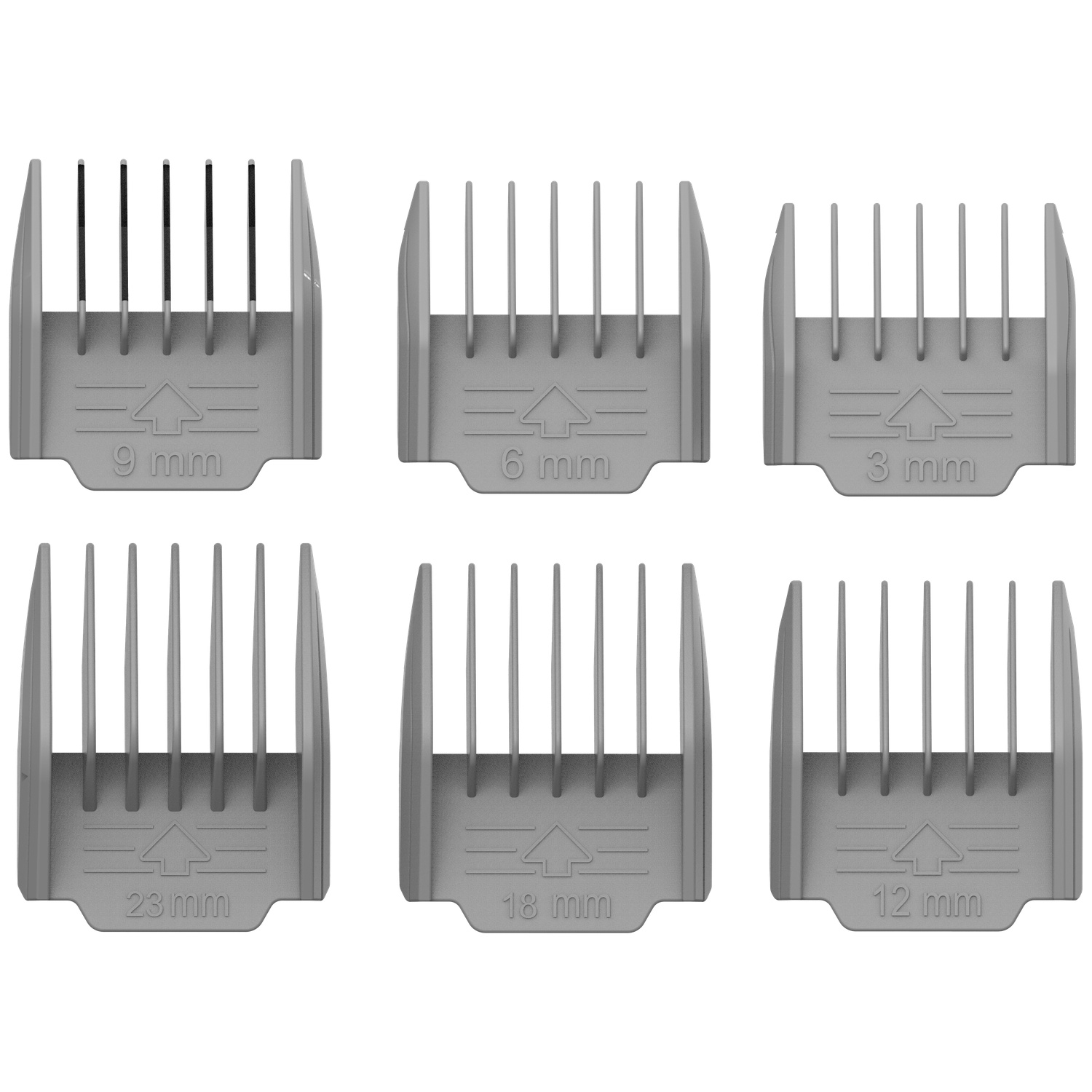 Six gray clipper guards with different lengths (3mm, 6mm, 9mm, 12mm, 18mm, 23mm) are arranged on a white background.