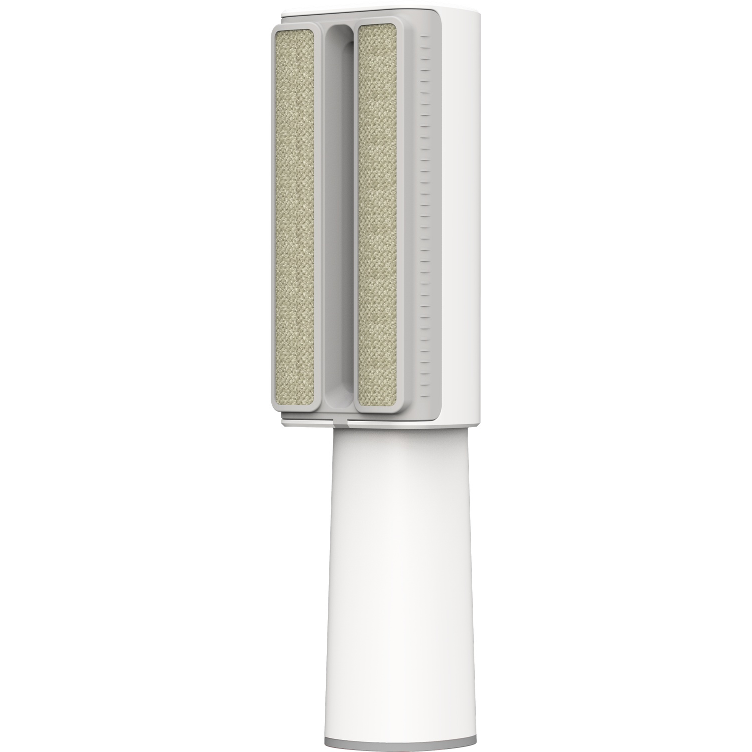 A white and gray lint brush. It has two beige, textured cleaning pads. The base is a white, cone-shaped stand.