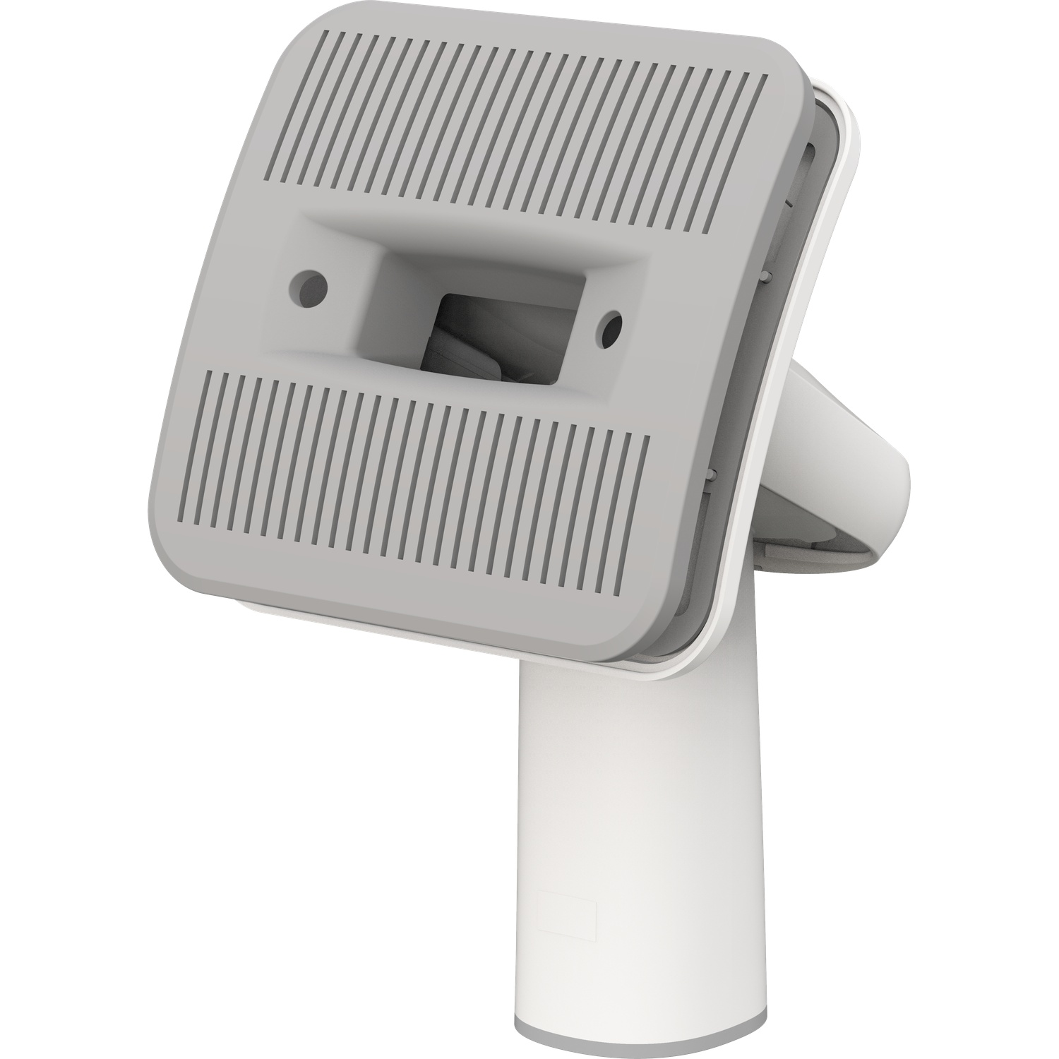 A white and gray security device. The top is gray with vertical lines, the base and arm are white, set against a white background.