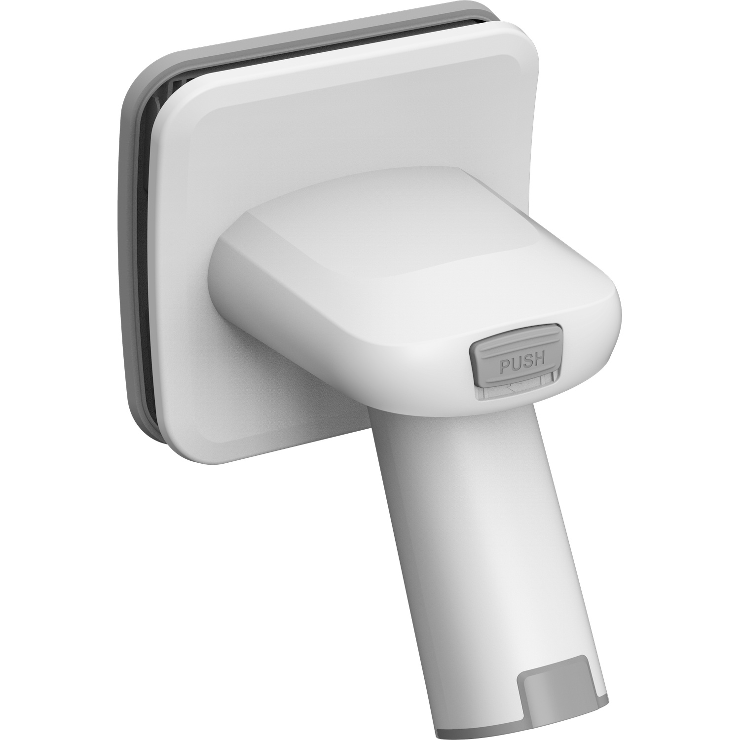 A white and gray soap dispenser. It has a square base, a curved top, and a cylindrical handle. The button says "PUSH".