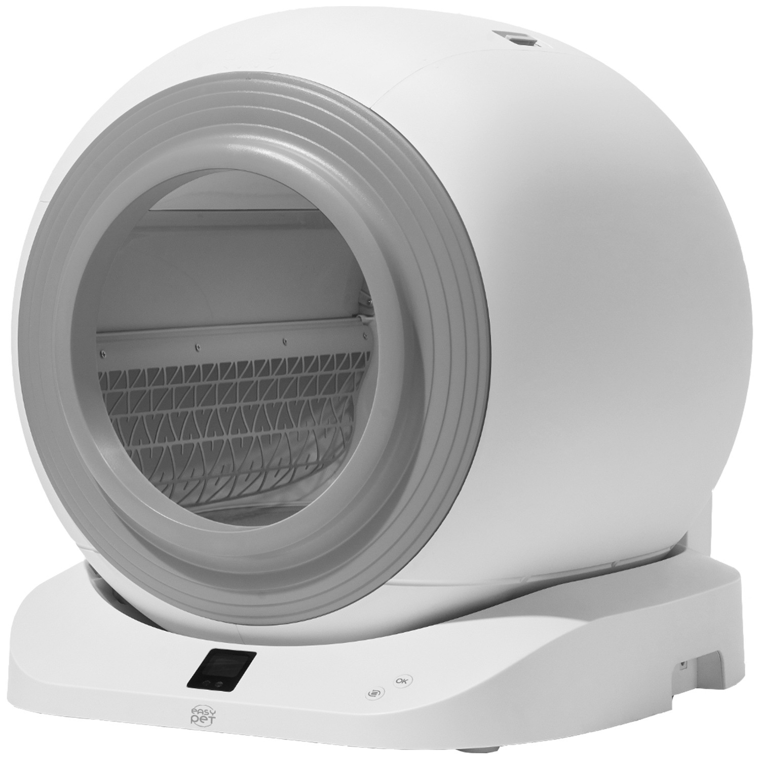 A white and gray Easy Pet automatic cat litter box. It has a spherical shape with a circular opening and a digital display.