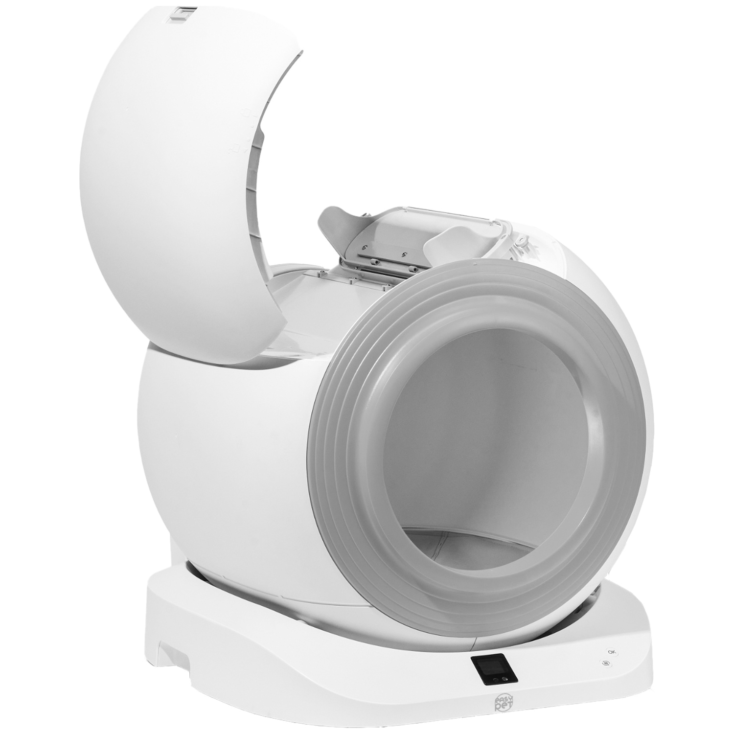 A white, spherical automatic cat litter box. The lid is open, showing the interior. A gray ring frames the opening.