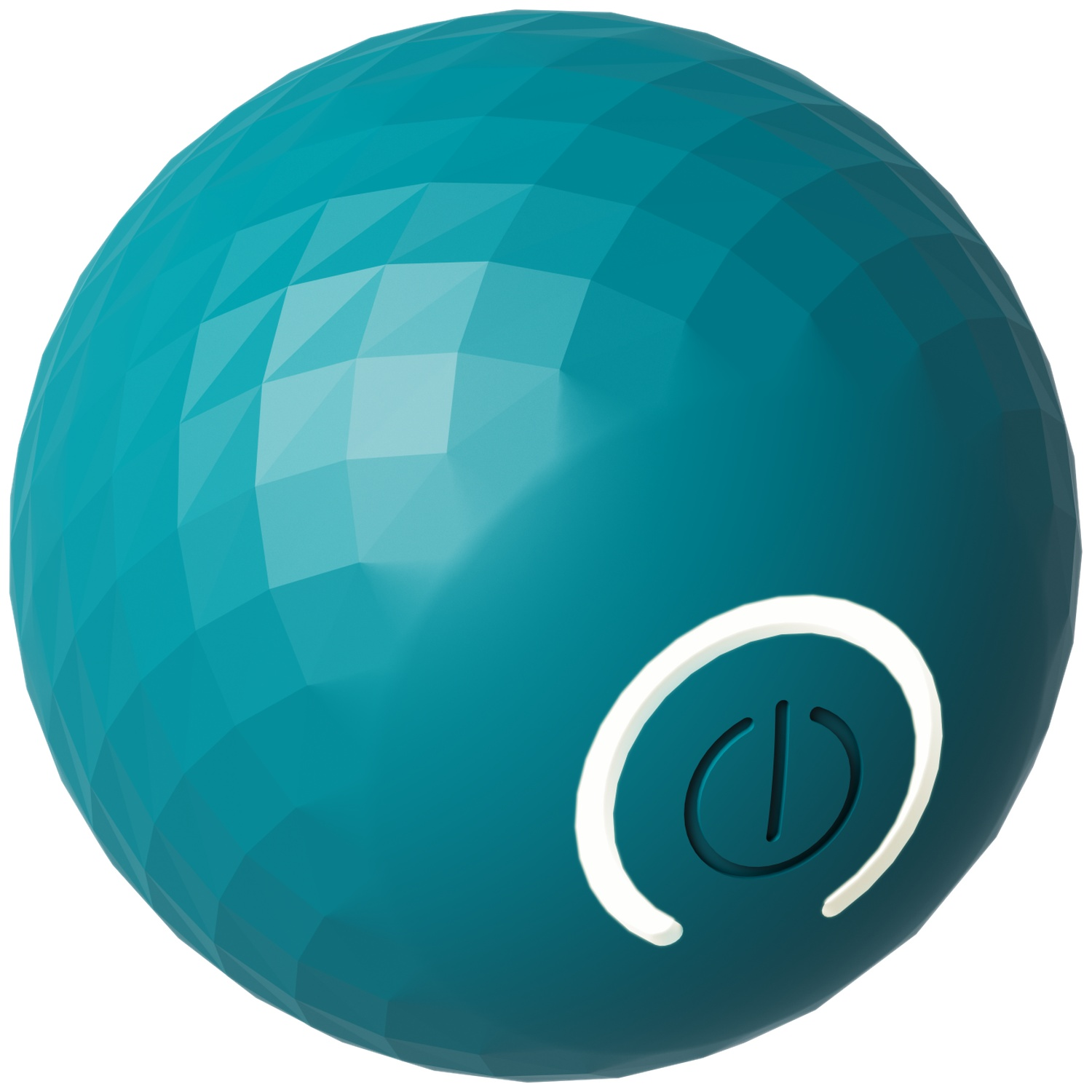 A teal, faceted sphere with a white power button icon. The sphere is isolated on a white background, appearing three-dimensional.