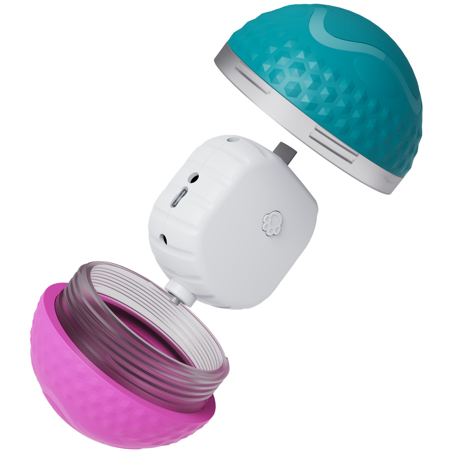 An exploded view of a cat toy. The toy is composed of a blue top, a white inner part, and a pink bottom. All are spherical.
