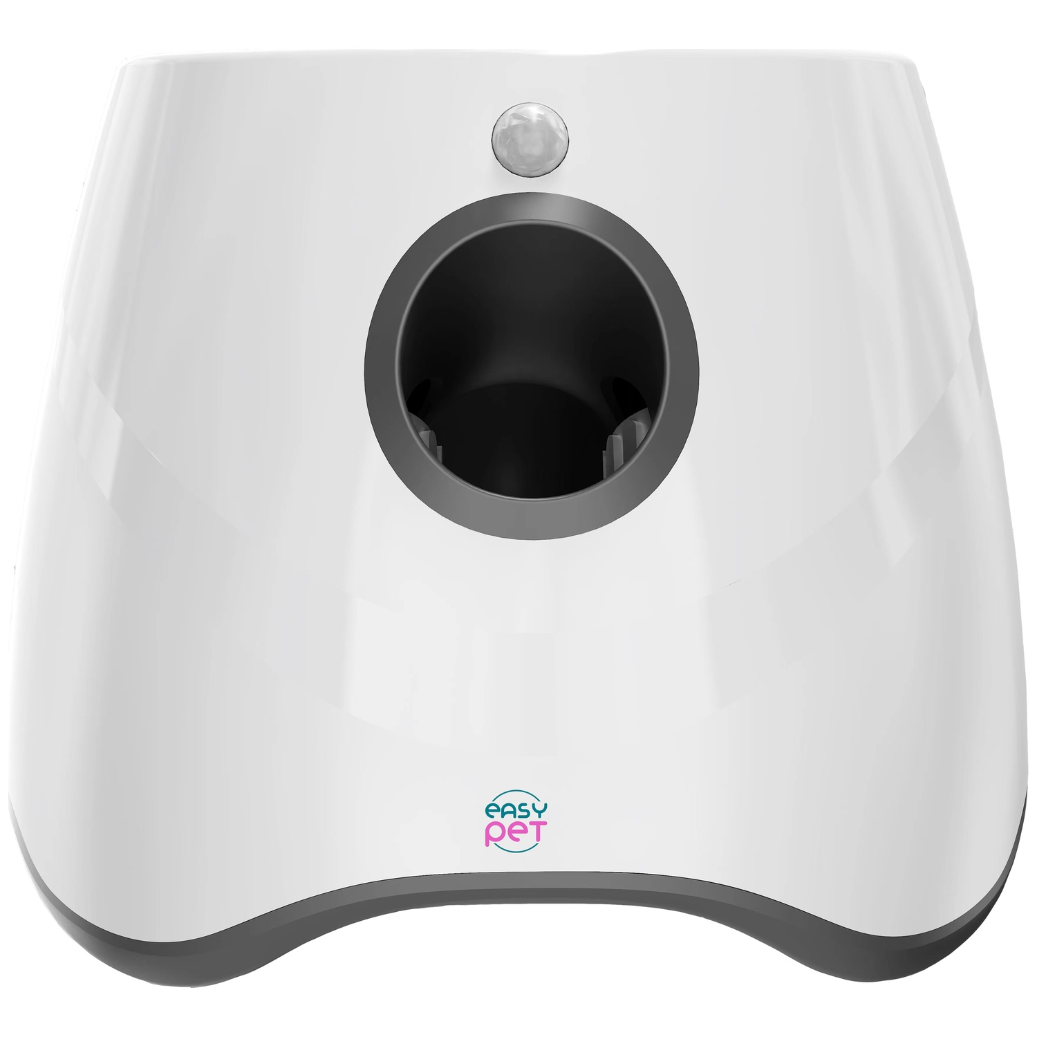 White pet toy with a central hole, a grey rim, and the 'easy pet' logo. It has a motion sensor.