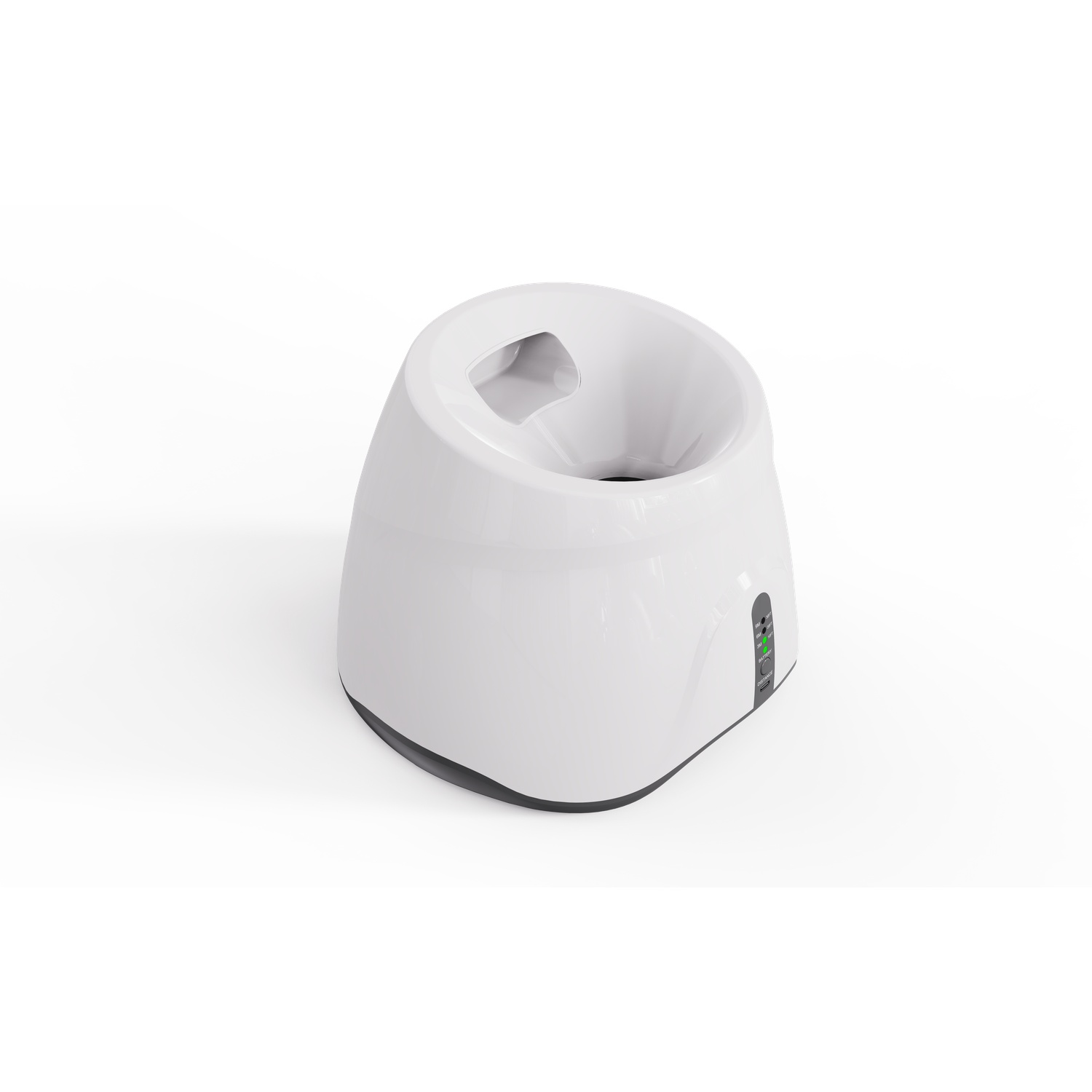 A white, modern pet feeder with a curved design. It has a bowl-shaped top and a black base, sitting on a white background.