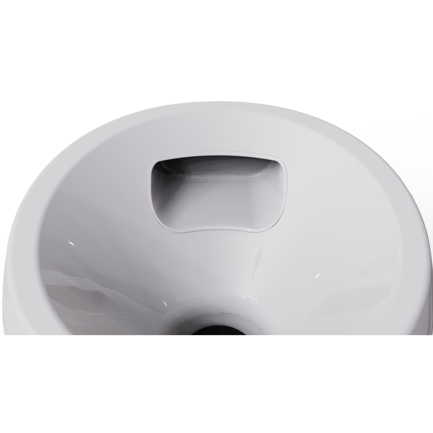 A close-up view of a white toilet bowl. The bowl has a smooth, curved design with a small, recessed area at the top.
