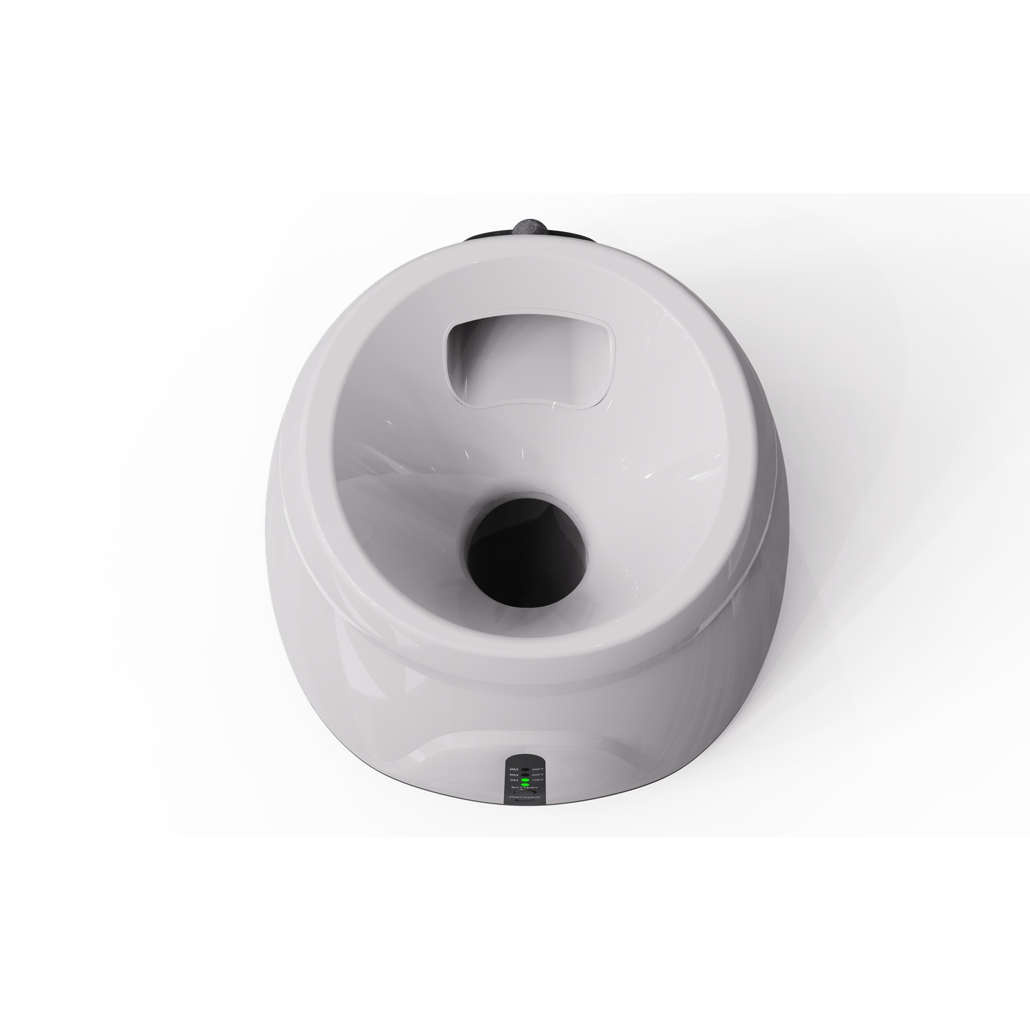 Top view of a white dog ball launcher. It has a round shape with a hole at the bottom. A small black button is on top.