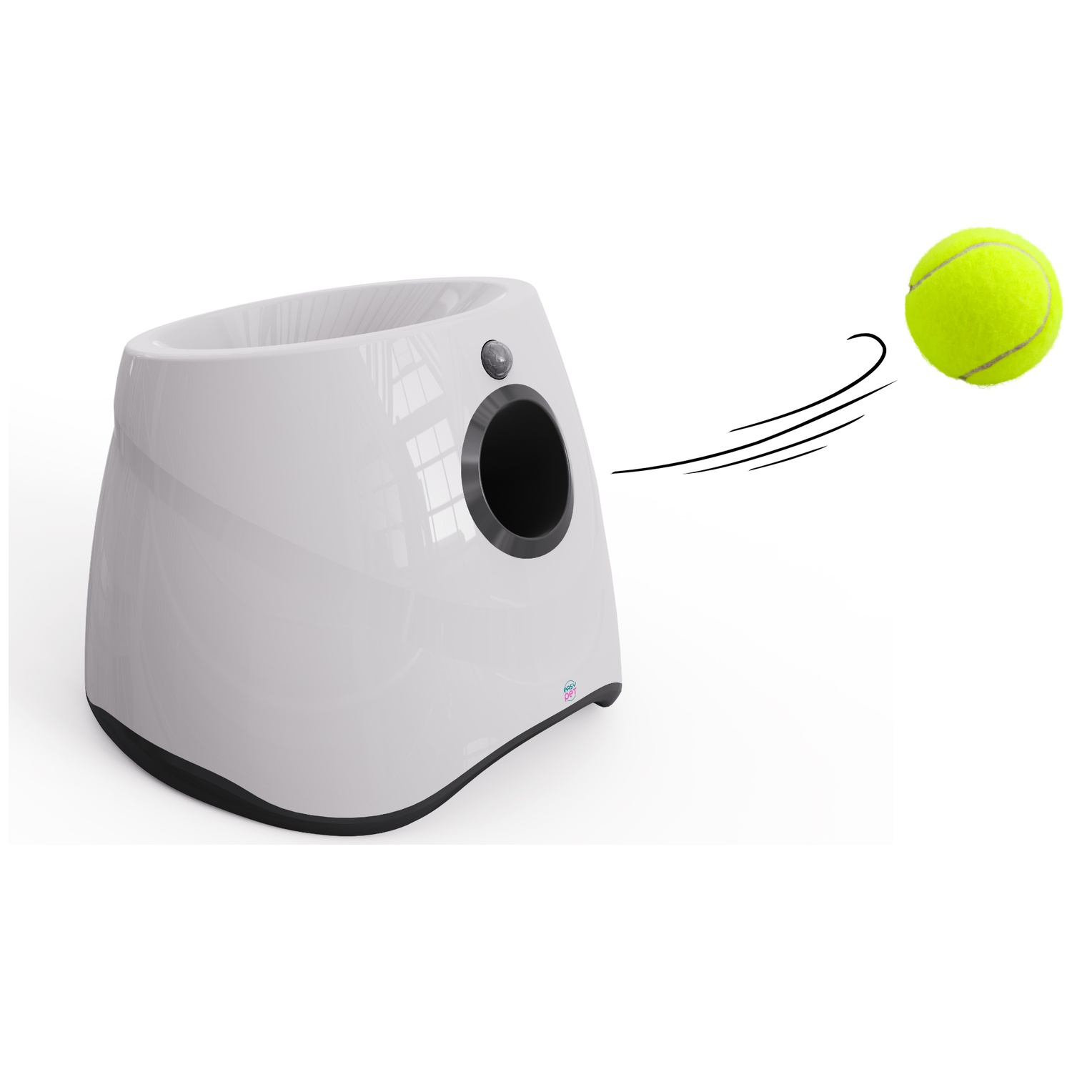A white dog ball launcher with a black hole. A yellow tennis ball is in mid-air, with motion lines indicating its trajectory.