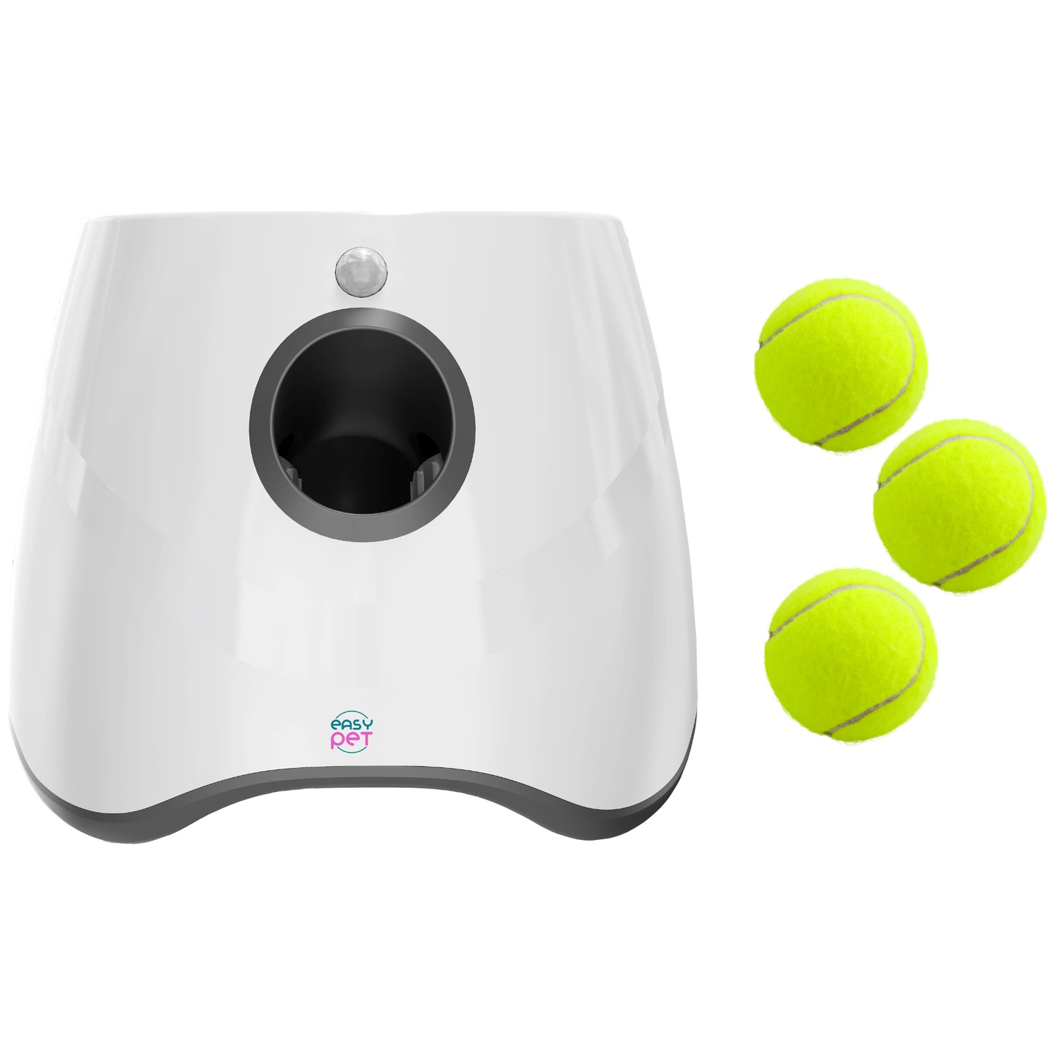 A white dog ball launcher with three yellow tennis balls to the right. The launcher has a dark hole for balls.