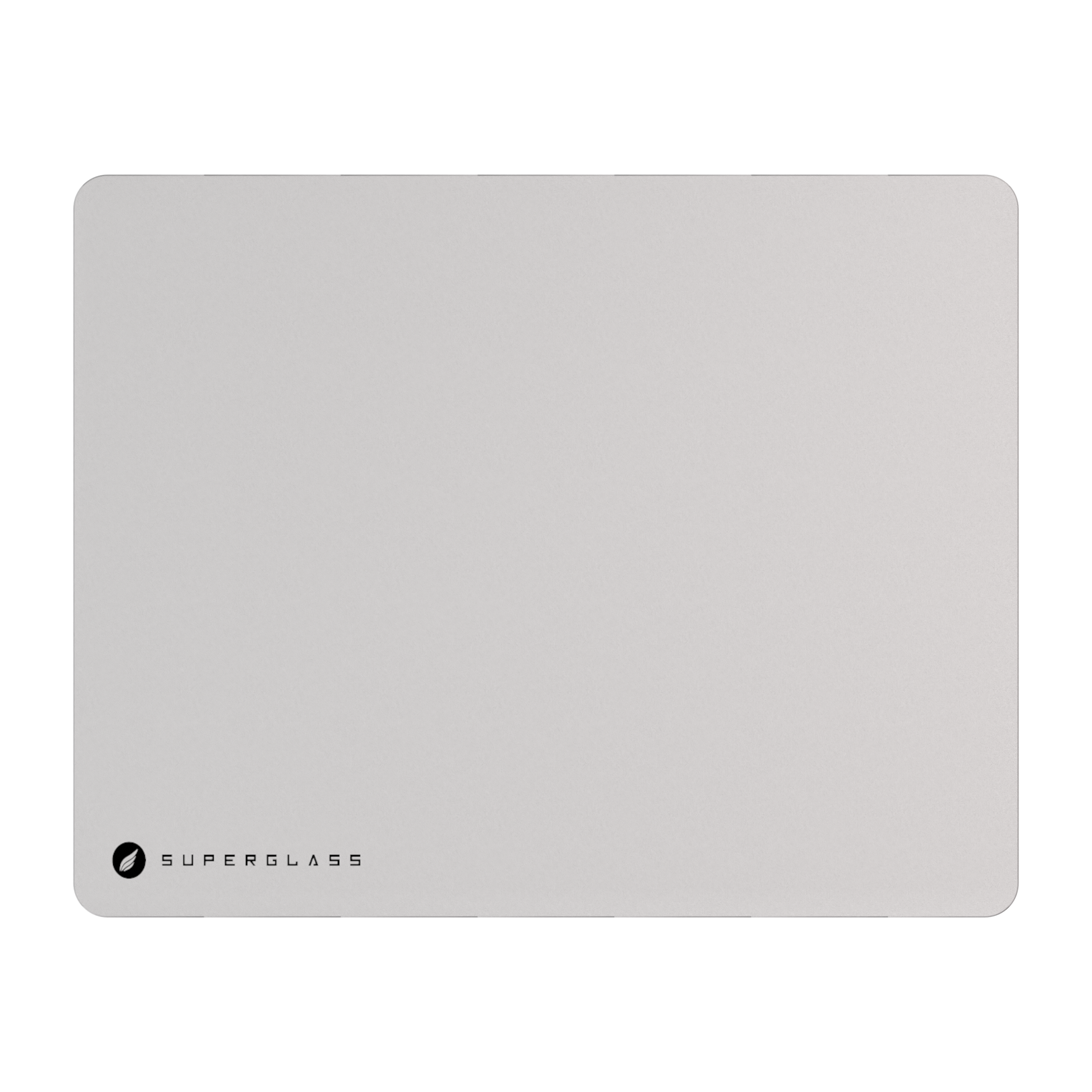 Yuvarlak köşeli, dikdörtgen, açık gri bir mousepad. Superglass logosu sol alt köşede.