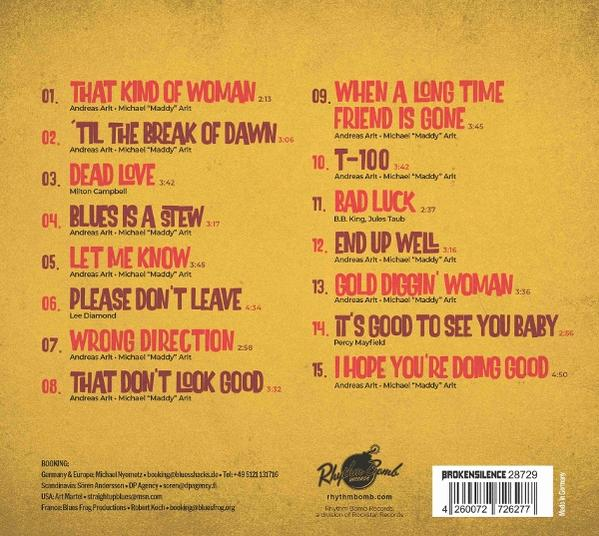 Albumcover mit Titelliste in roter Schrift auf gelbem Hintergrund. Enthält Informationen zum Label und zum Künstler.