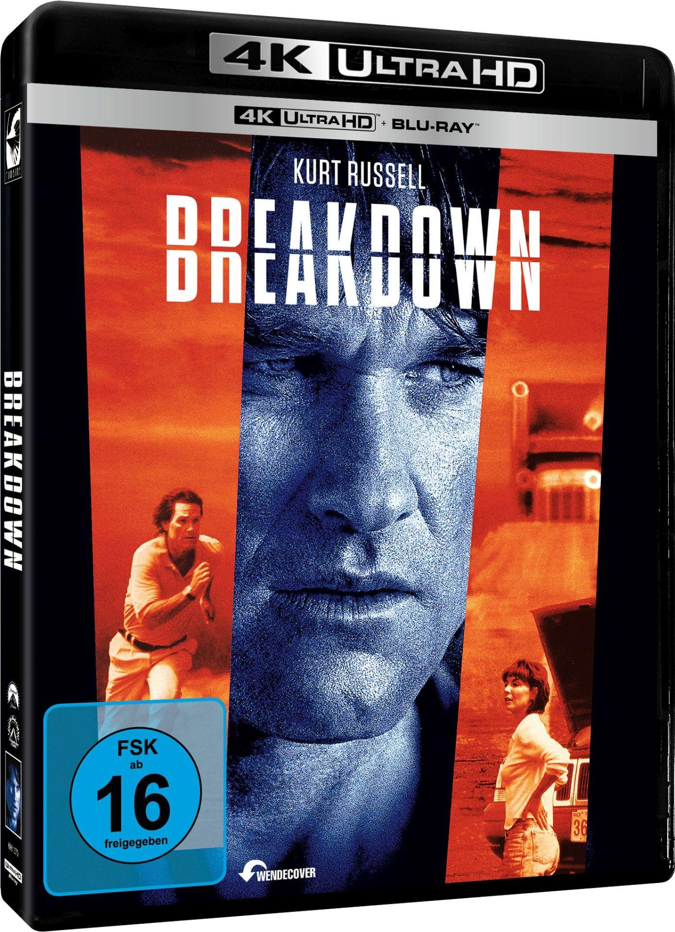 DVD-Cover für 'Breakdown' mit Kurt Russell. Zeigt Russells Gesicht, eine Frau, einen Mann und ein Auto. 4K Ultra HD.