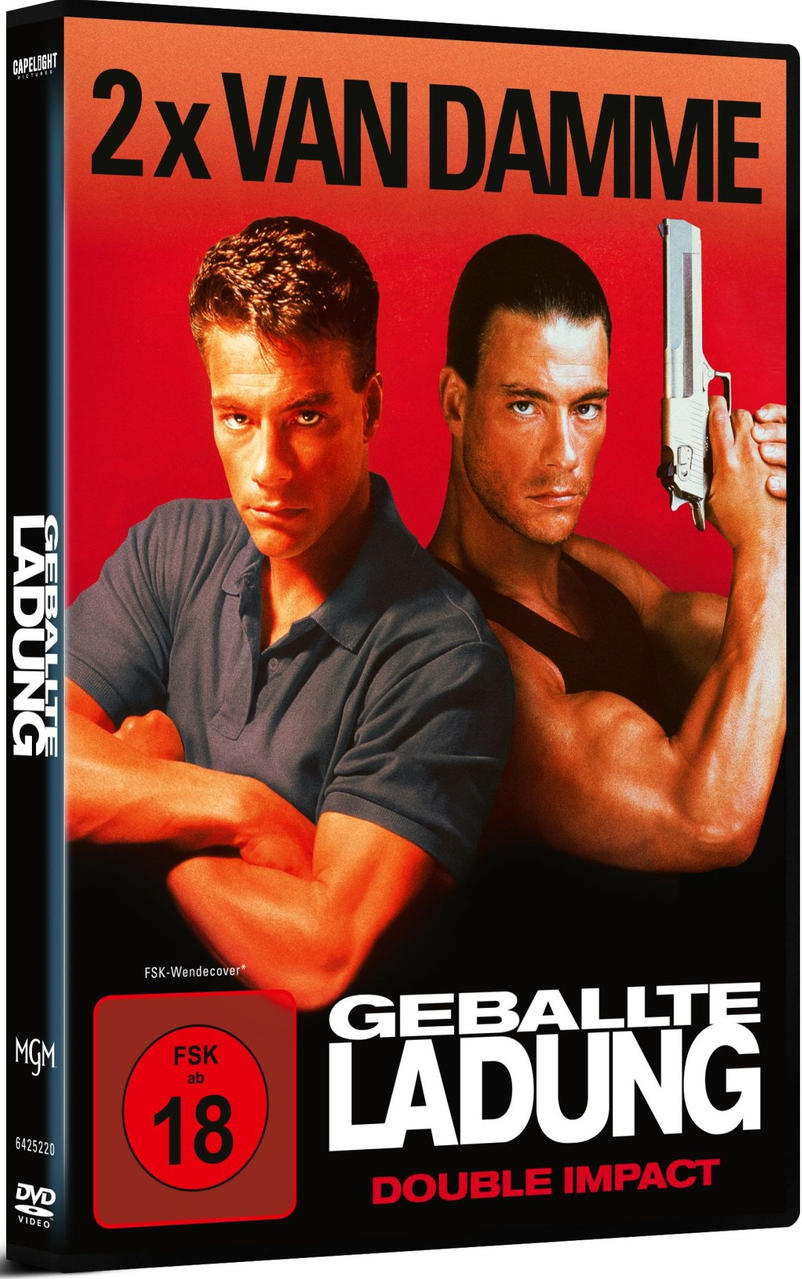 DVD-Cover für 'Double Impact' mit Jean-Claude Van Damme. Er ist zweimal auf dem Cover, einer mit einer Waffe, auf rotem Hintergrund.