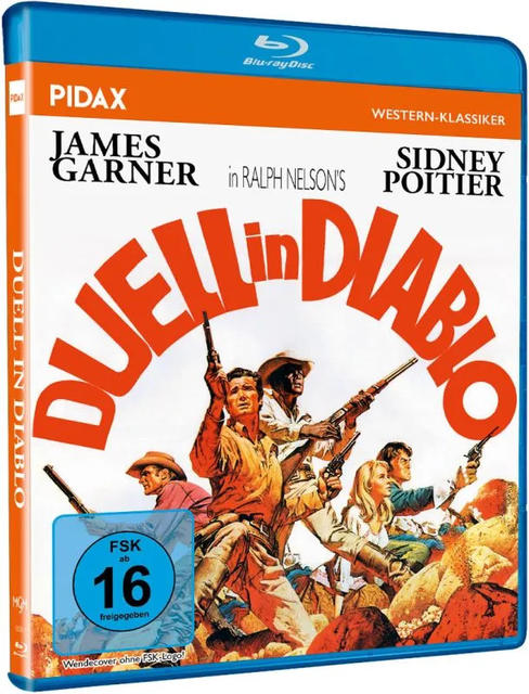 Blu-ray-Cover von 'Duell in Diablo'. Cowboys mit Waffen, Titel in großen orangefarbenen Buchstaben, Schauspieler gelistet. Blaues und oranges Farbschema.