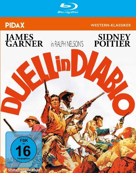 Filmposter für 'Duel in Diablo'. Cowboys mit Waffen, Titeltext, Blu-ray Disc Logo und Altersbeschränkungslabel.