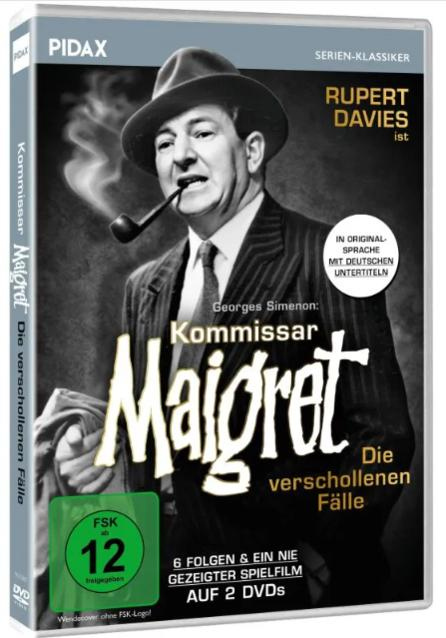 DVD-Cover. Ein Mann mit Hut raucht eine Pfeife. Text: Kommissar Maigret, Rupert Davies. Deutsche Untertitel, 2 DVDs.