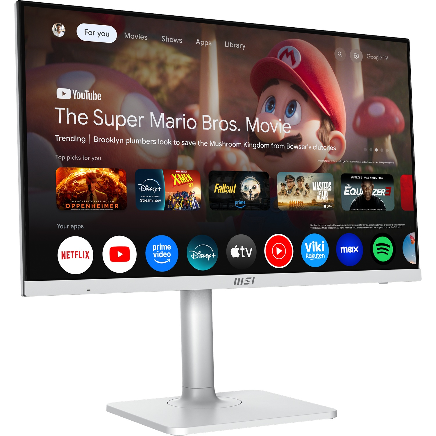 Monitor displaying 'The Super Mario Bros. Movie'. Apps like Netflix and YouTube are visible. White monitor with silver stand.