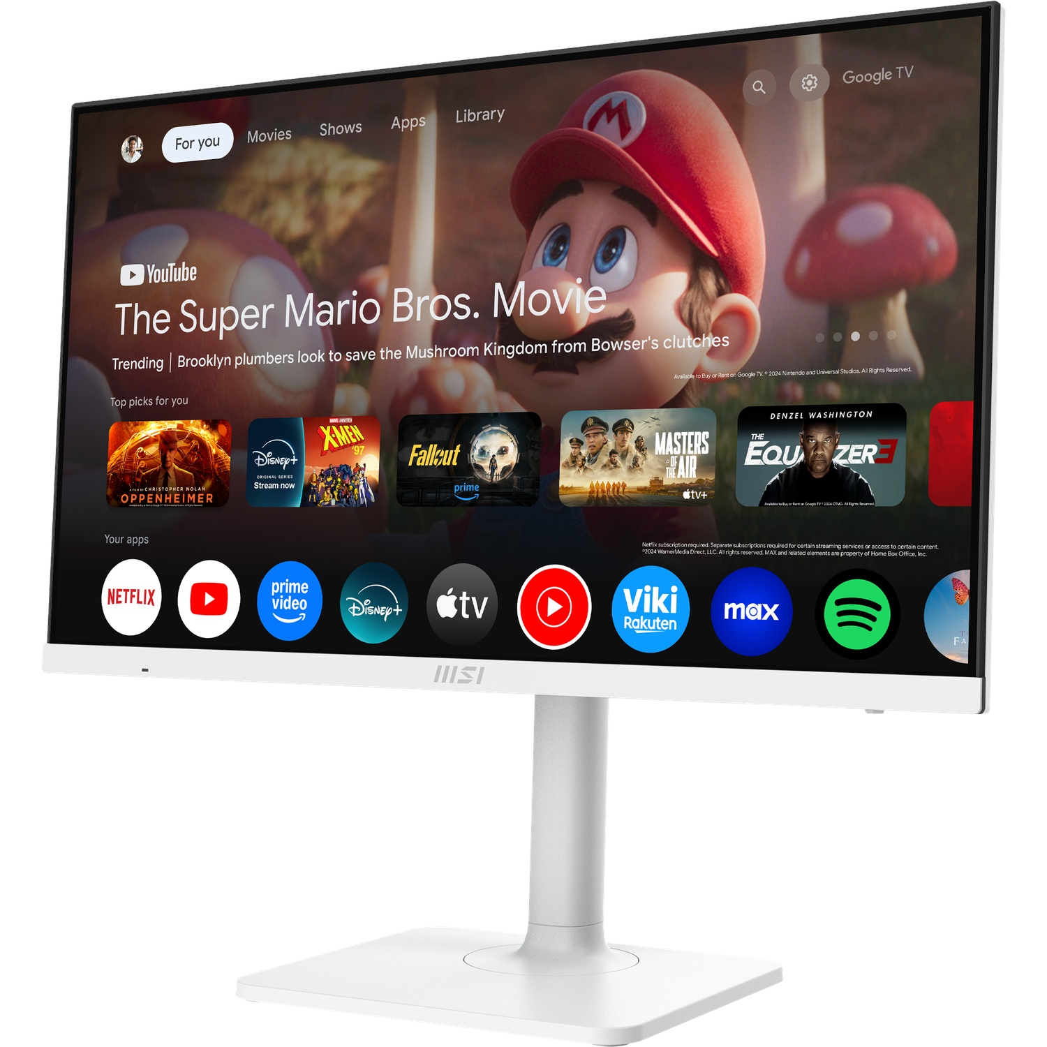 A white computer monitor displays 'The Super Mario Bros. Movie'. Apps like Netflix and YouTube are visible. The monitor is on a stand.