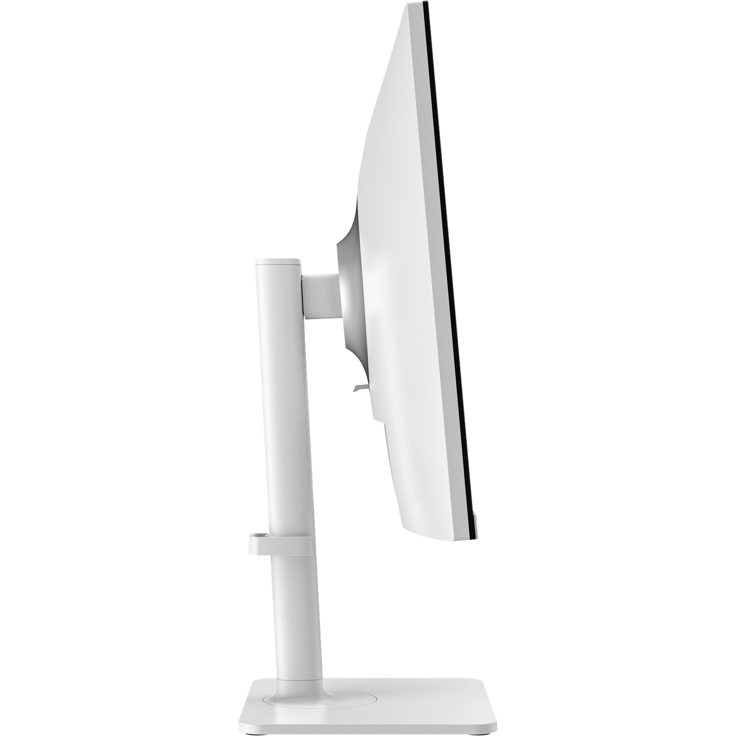 A white computer monitor in profile view. It has a thin bezel, a stand, and a base. The background is white.