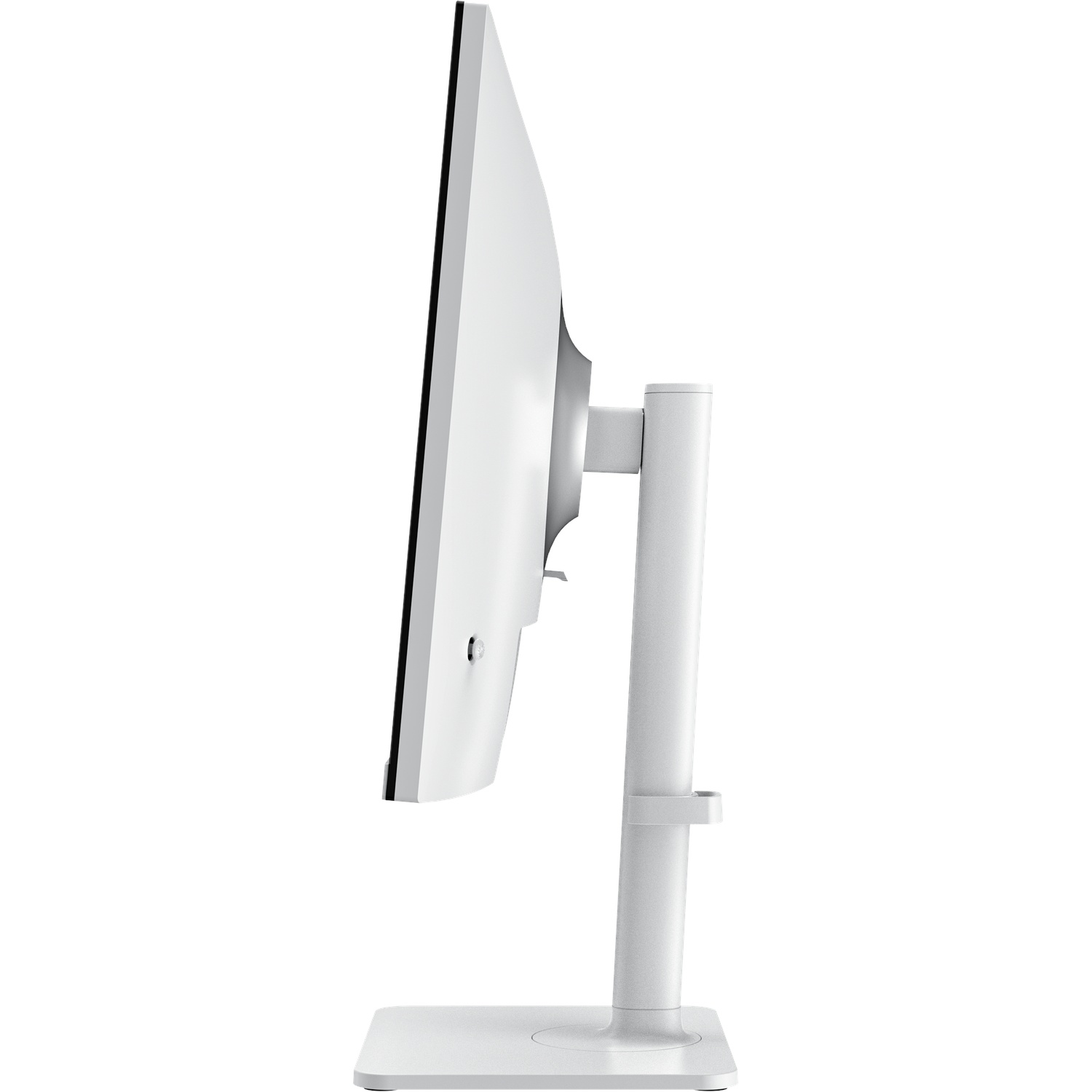 Side view of a white computer monitor. It has a thin black border and is mounted on a white stand. The background is white.