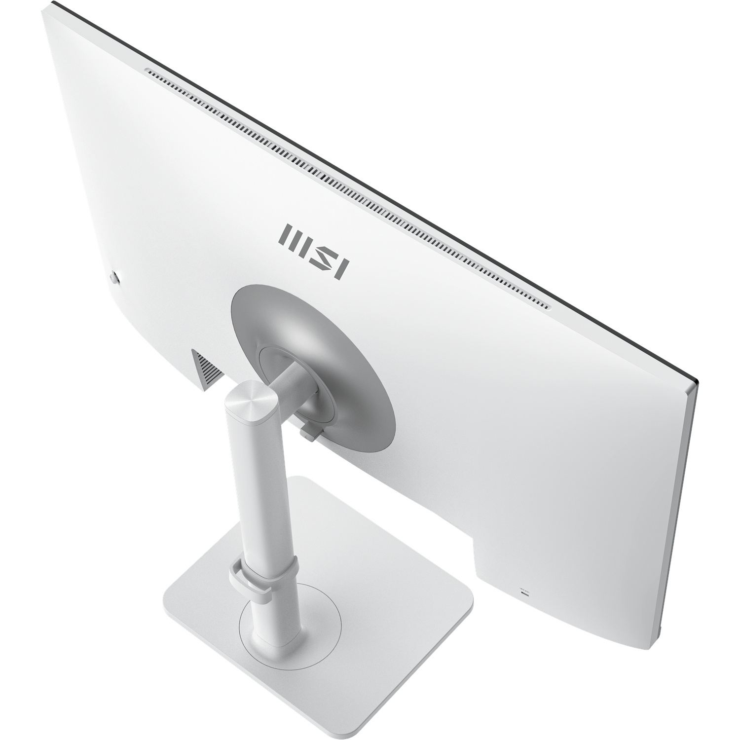 The back of a white computer monitor. It has a stand and a circular metallic area. The MSI logo is visible on the monitor.
