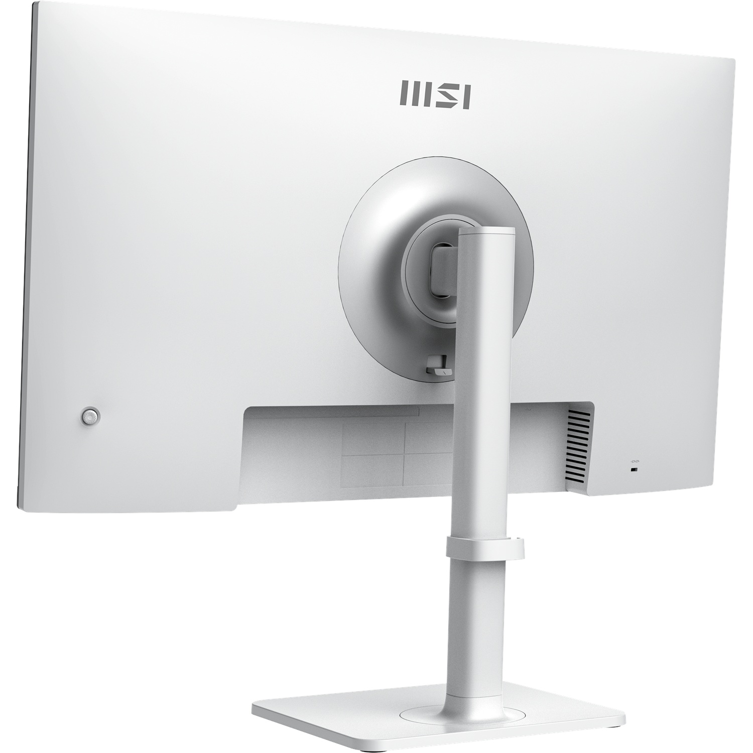 The back of a white computer monitor is shown. A silver stand supports the monitor. The MSI logo is at the top.