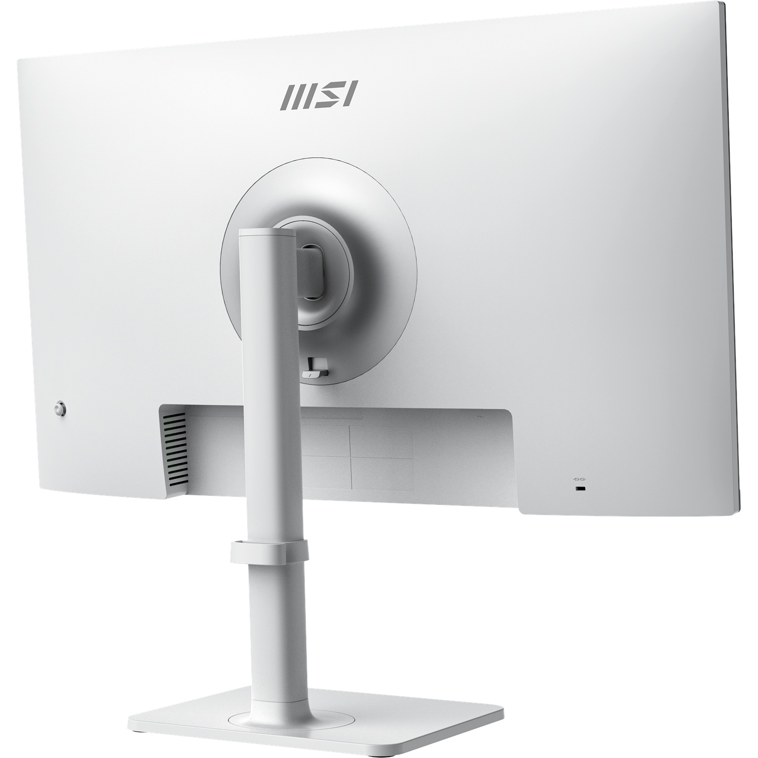 The back of a white MSI computer monitor. It has a stand, vents, and ports. The MSI logo is visible at the top center.