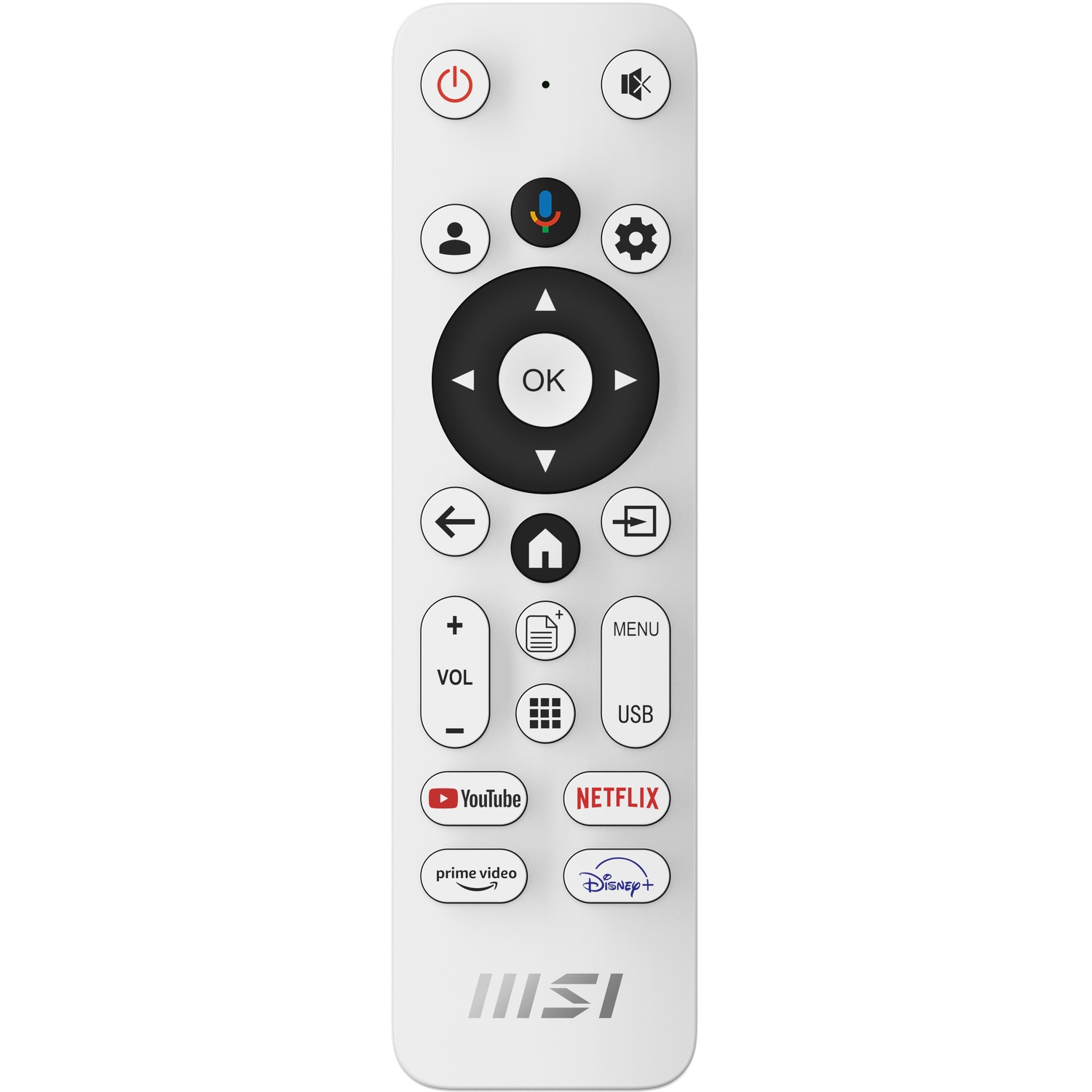 White TV remote with buttons for power, volume, YouTube, Netflix, and Disney+. Includes a circular control pad.