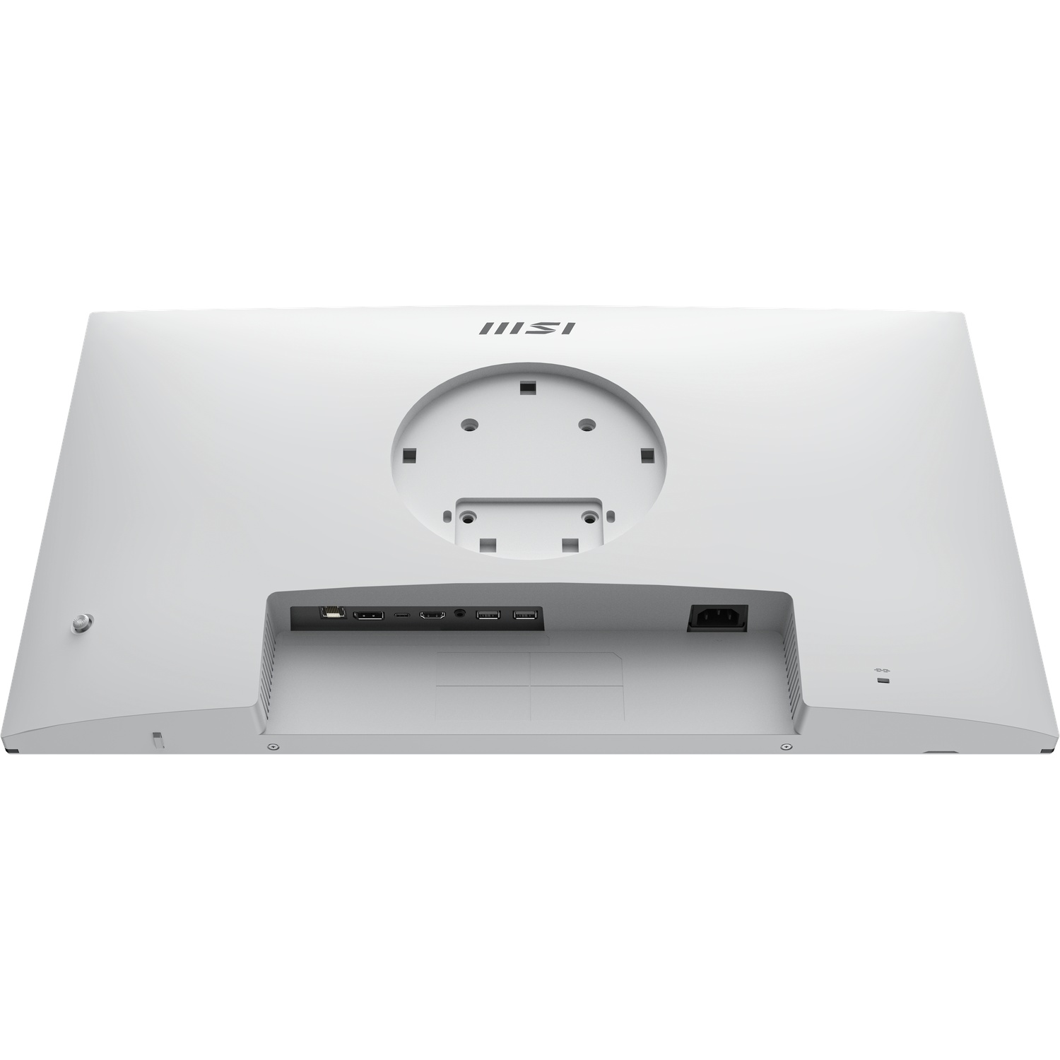 The back of a white monitor with the MSI logo, a circular mounting area, and various ports for connectivity.