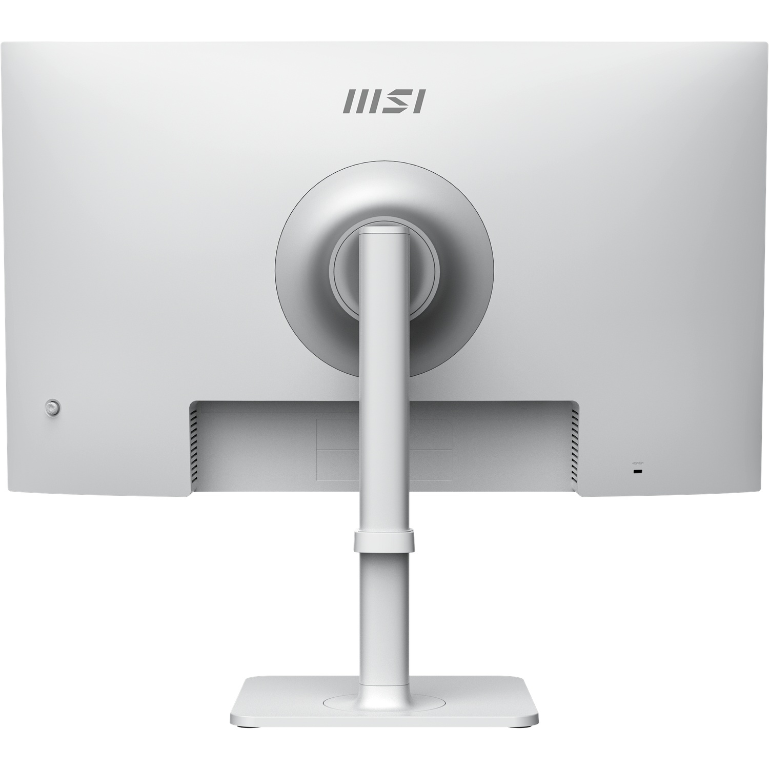 The back of a white MSI monitor is shown. It has a stand, a circular mounting area, and the MSI logo at the top.