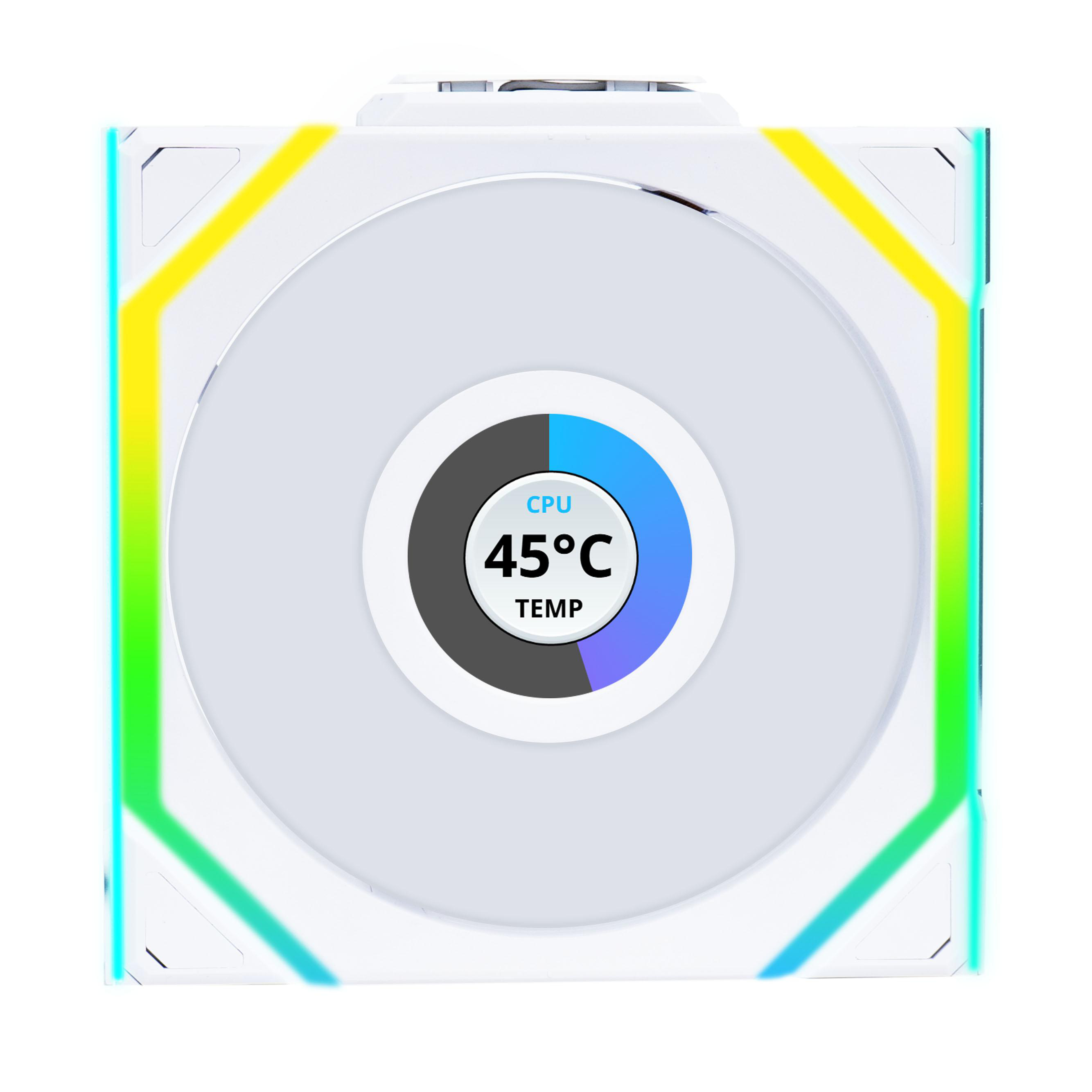 Weißer CPU-Kühler mit Lüfter. Der Lüfter hat eine Temperaturanzeige von 45°C. Kanten haben gelbe, blaue und grüne Lichter.