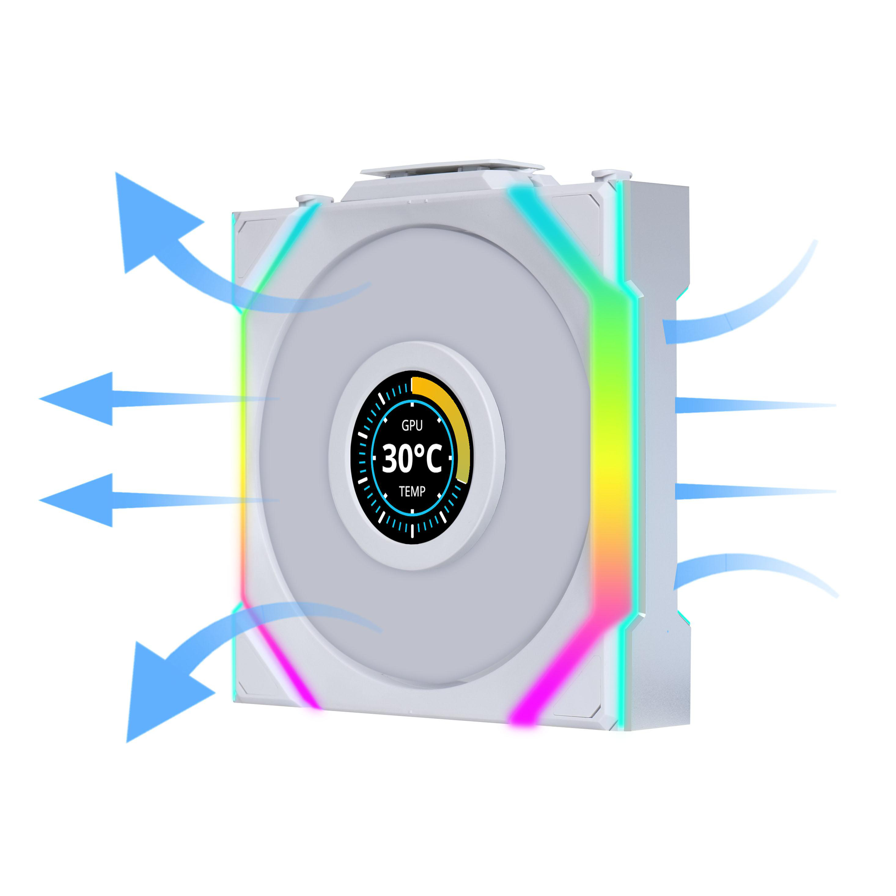 Ein Computerlüfter mit Temperaturanzeige (30°C). Pfeile zeigen den Luftstrom an. Der Lüfter hat RGB-Beleuchtung.