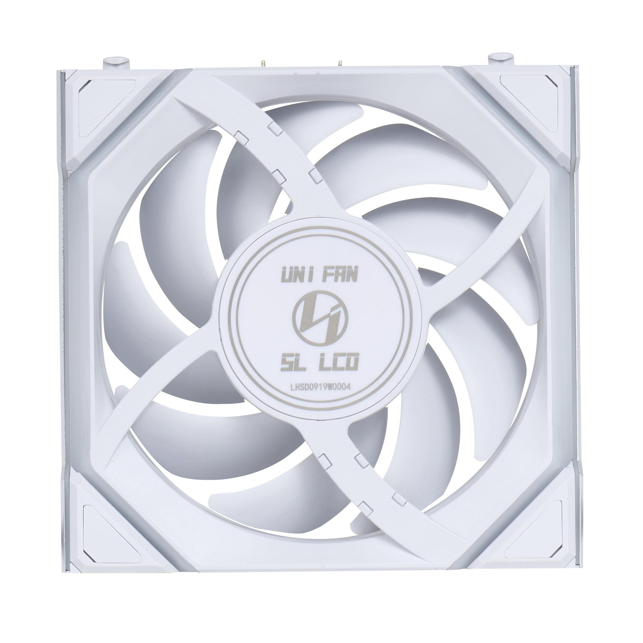 Ein weißer Computerlüfter mit zentralem Logo, umgeben von Lüfterblättern. Der Lüfter hat einen quadratischen Rahmen.