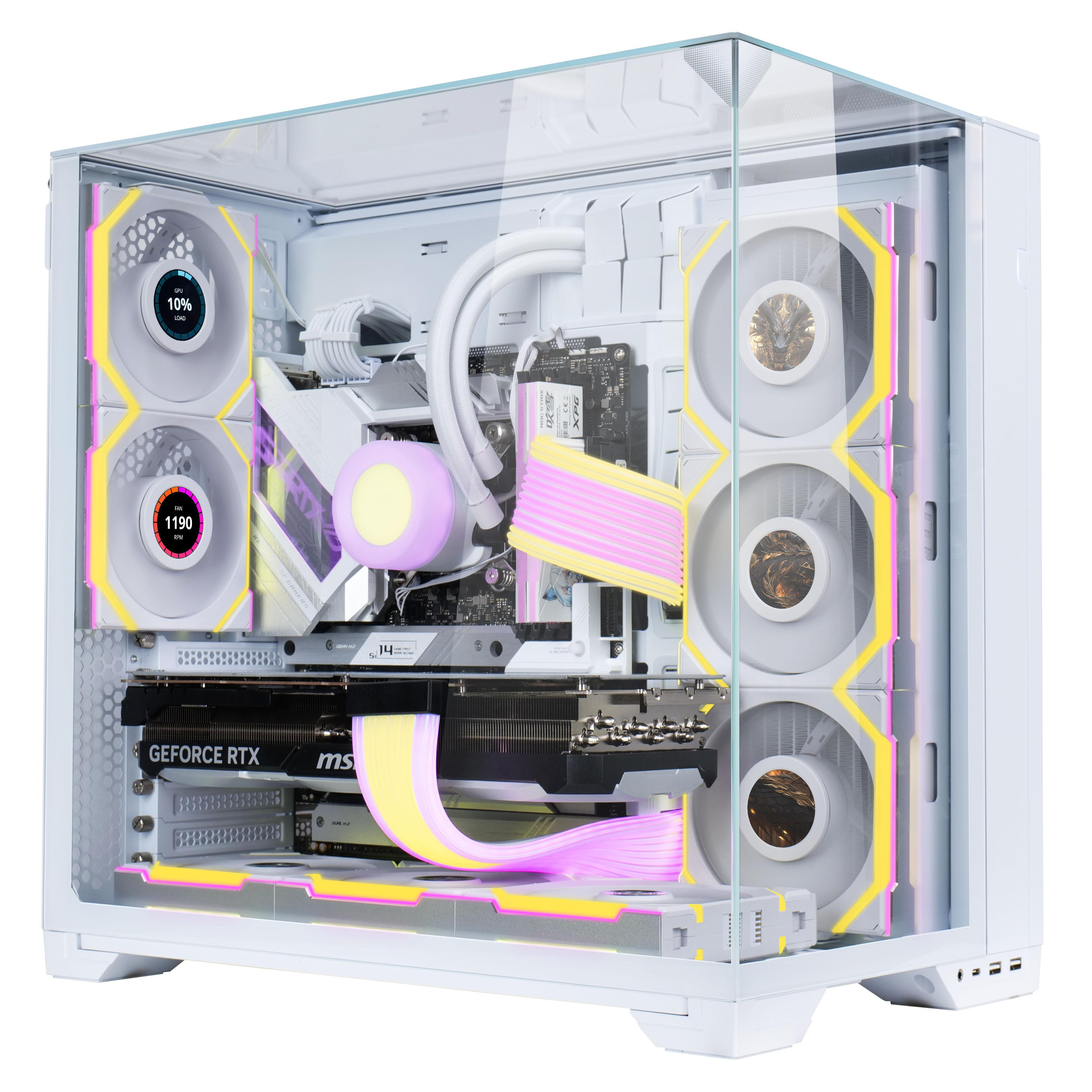 Weißer Computer-Gehäuse mit Glaspanel, das interne Komponenten wie Lüfter, GPU und Kabel mit RGB-Beleuchtung zeigt.