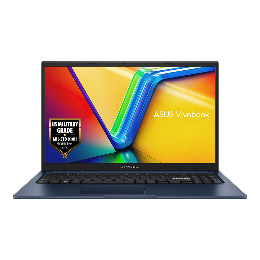 Beyaz zemin üzerinde mavi dizüstü bilgisayar. Ekran, renkli soyut tasarım, ASUS Vivobook logosu ve askeri sınıf sertifikasını gösteriyor.