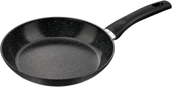 Eine schwarze Bratpfanne mit gesprenkeltem Innenraum und schwarzem Griff. Sie ist vor schwarzem Hintergrund platziert.